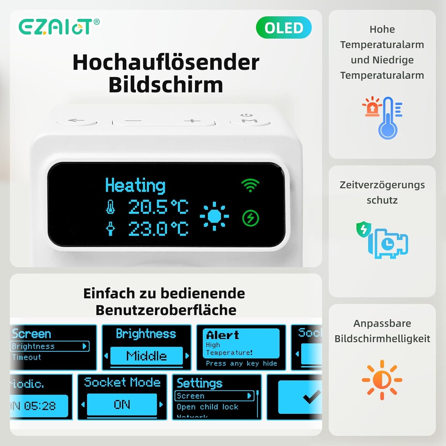 WLAN-Thermostat für Heizung/Kühlung und Zeitschaltuhr mit 3 m und 5 cm Sensor, digitalem Temperaturregler und OLED-Display 