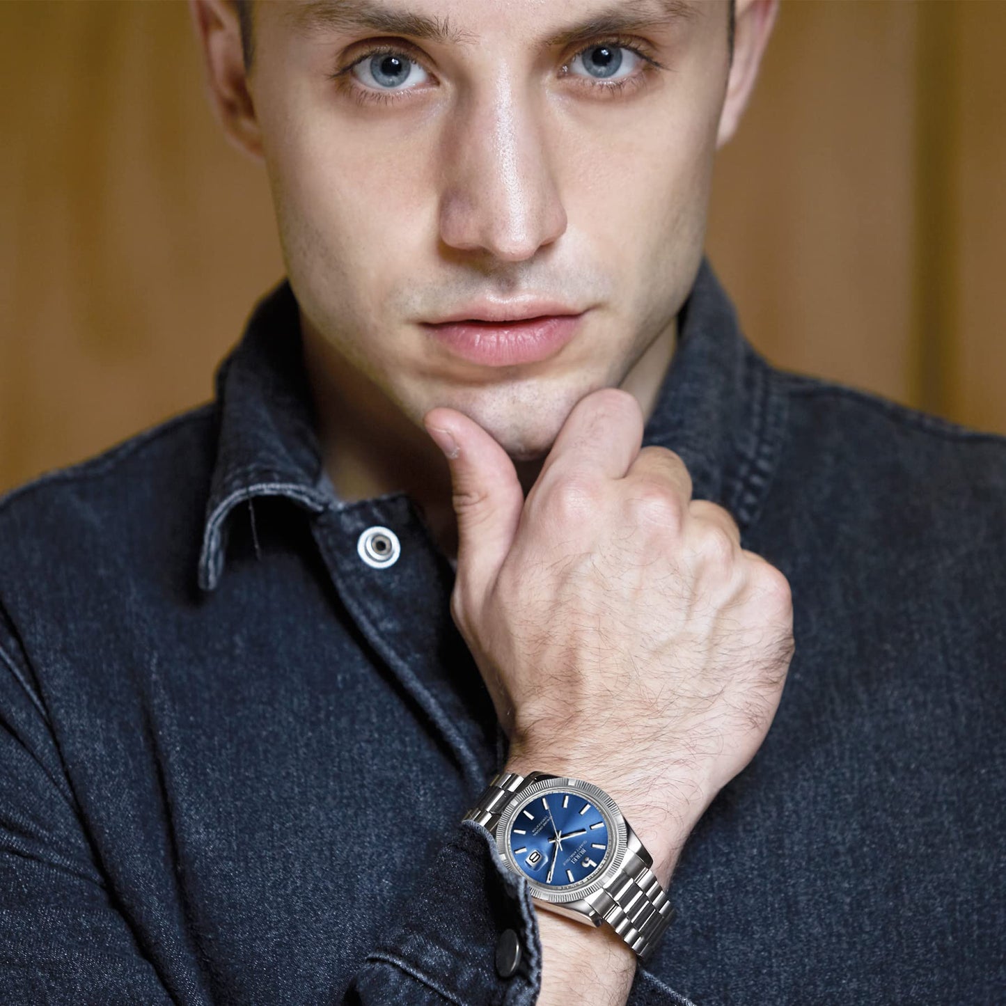 BUREI Herren Uhren Quarz Armbanduhr Datumsanzeige Saphirglas Objektiv mit Zwei Tönen Edelstahlband