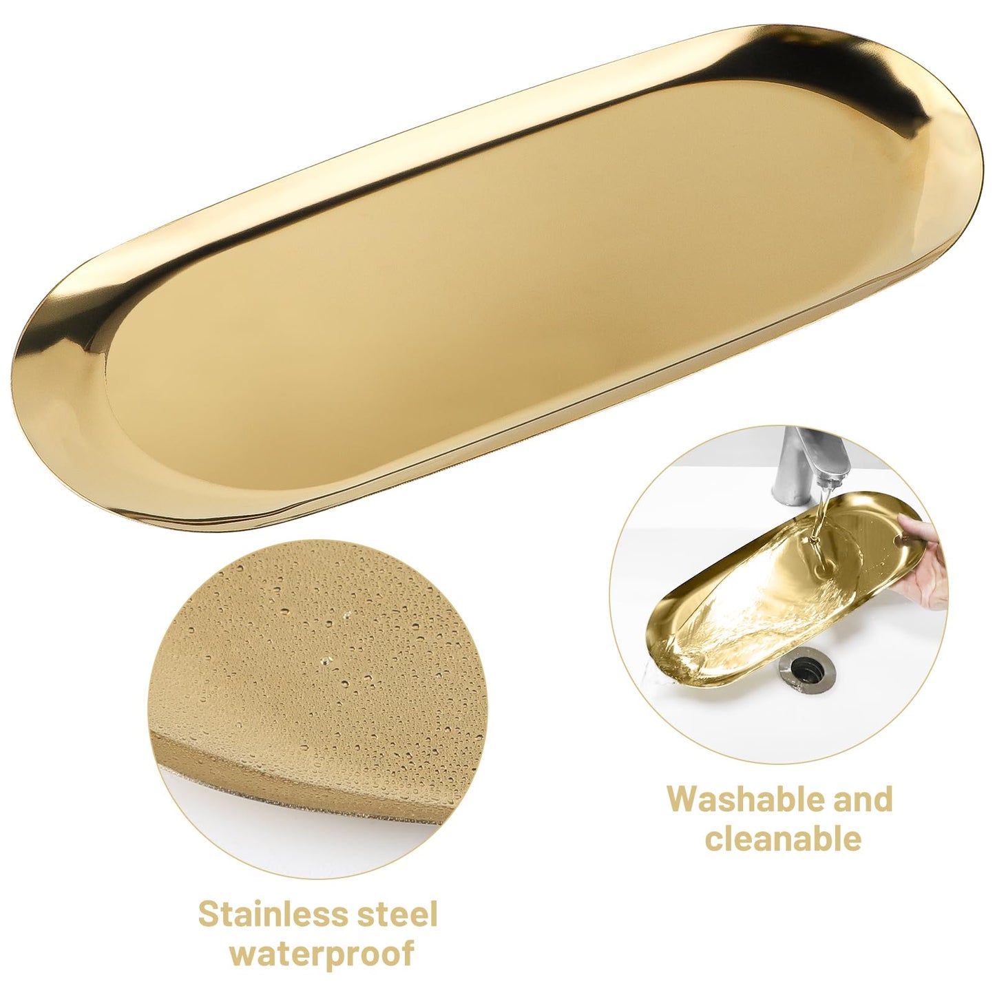 EXLECO 2 Badzimmer Deko Tablett Gold Servierplatte Mini Bad Dekotablett Edelstahl Serviertablett Schmuckschale Kerzentablett Oval Ablageschale für Schmuck Kerzen 