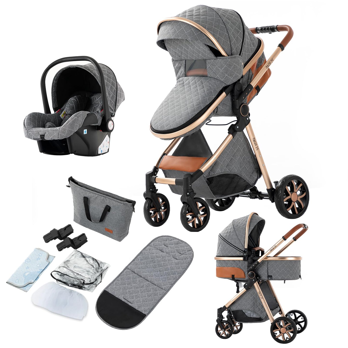 Reenborn 3-in-1 Kinderwagen, Buggy mit zwei umkehrbaren Schiebemodi, Kinderwagen mit Gestell aus Aluminiumlegierung, Babywagen, 3-in-1 Komplettset mit Ein-Klick-Faltmechanismus 