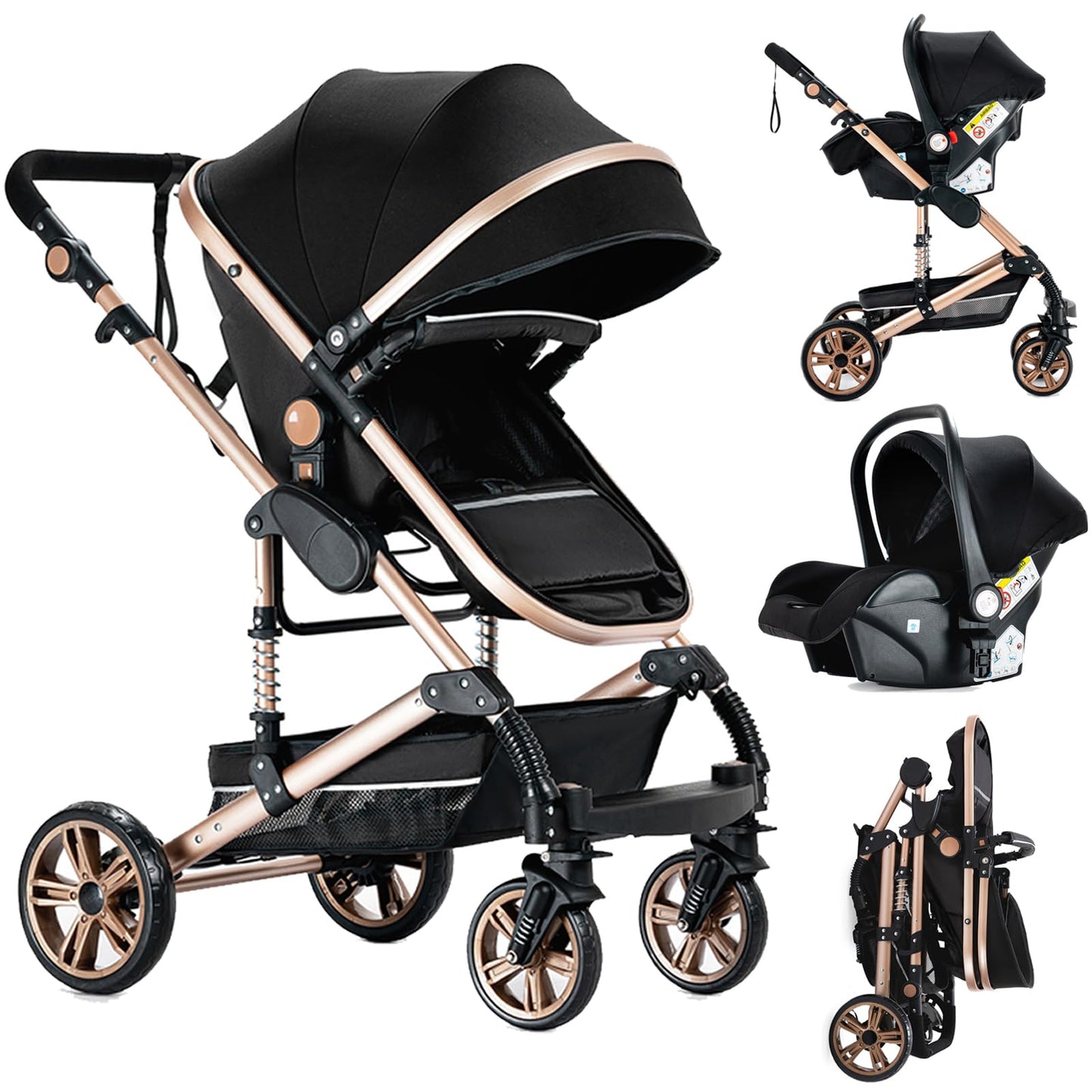 Reenborn 3-in-1 Kinderwagen, Buggy mit zwei umkehrbaren Schiebemodi, Kinderwagen mit Gestell aus Aluminiumlegierung, Babywagen, 3-in-1 Komplettset mit Ein-Klick-Faltmechanismus 