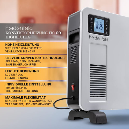 Heidenfeld Konvektor Heizung elektrisch EK100 | 𝟑 𝐉𝐀𝐇𝐑𝐄 𝐆𝐀𝐑𝐀𝐍𝐓𝐈𝐄 - 2300 Watt - Fernbedienung - Heizkörper - Elektroheizung 