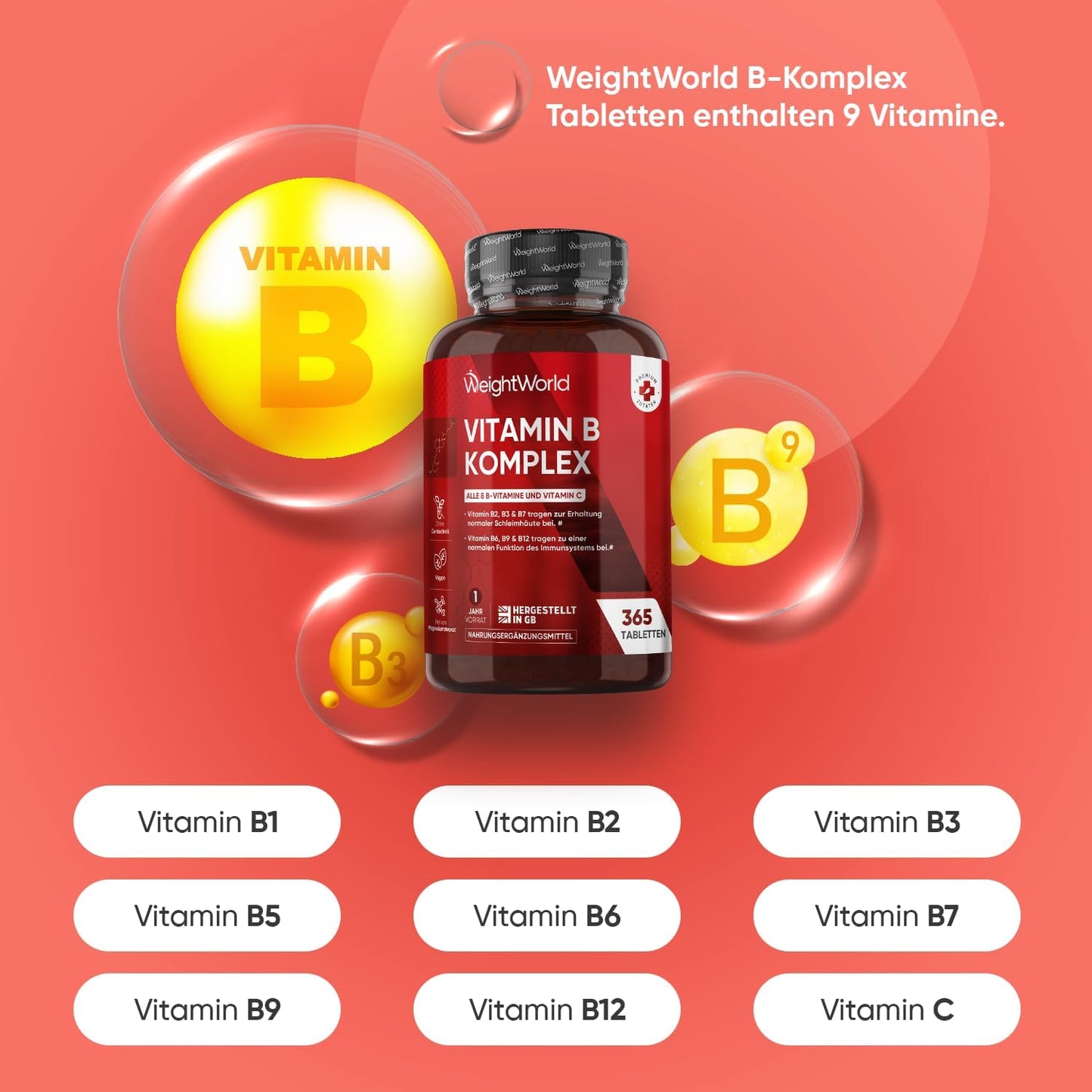 Vitamin-B-Komplex – mit Vitamin C – 365 Tabletten – Alle 8 B-Vitamine (B1, B2, B3, B5, B6, B7, B9, B12) – Jahresvorrat – Nervensystem, Stoffwechsel, geistige Funktion – Niacin, Biotin, Folsäure 