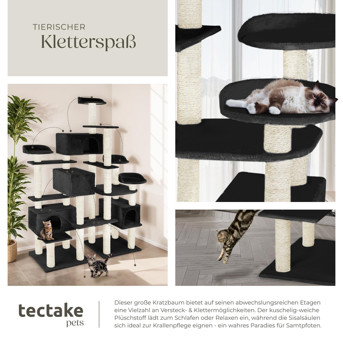 tectake® Katzen Kratzbaum mit Zubehör für Katze groß XXL, Spielturm mit Kratzsäule 
