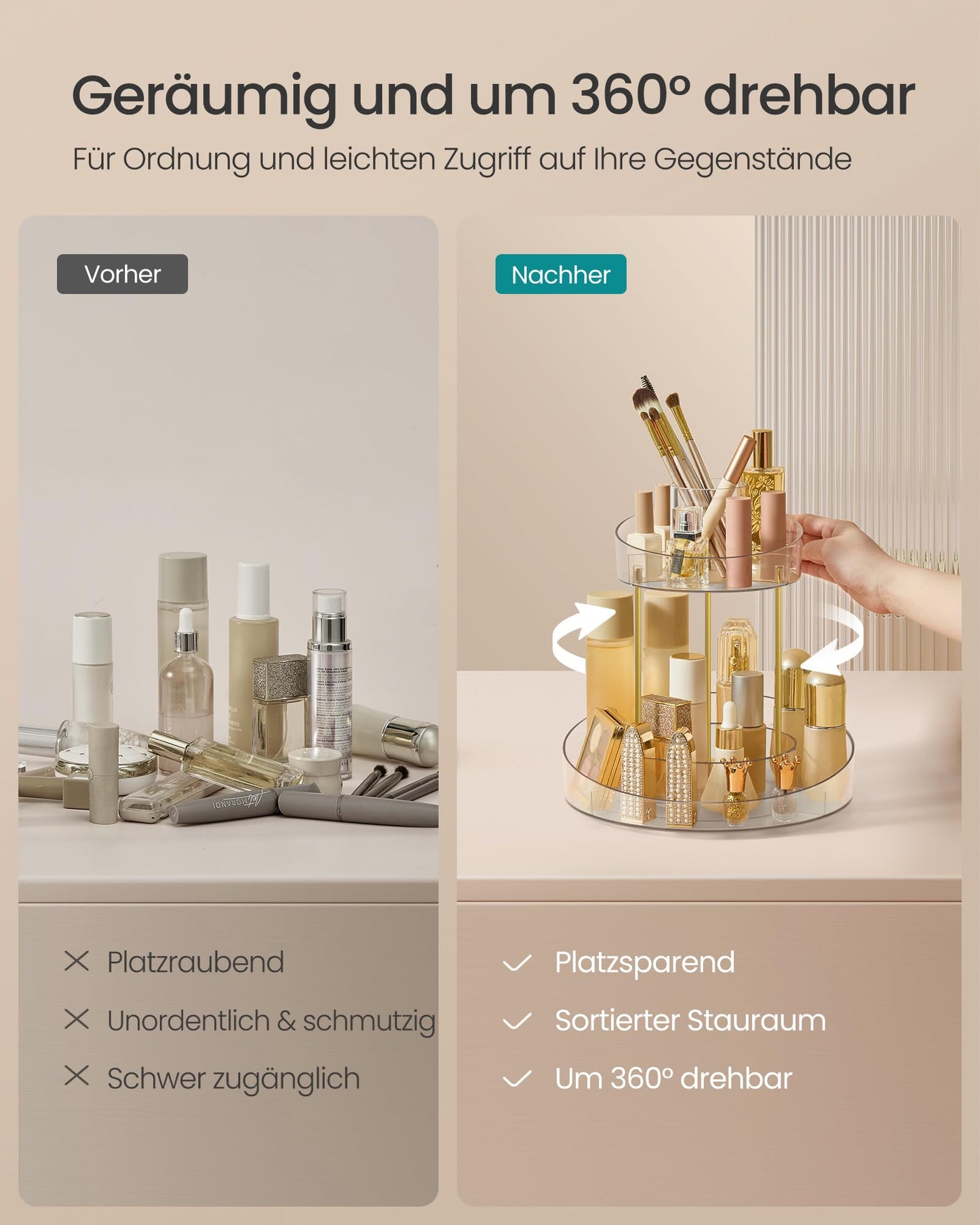 SONGMICS Make-up Organizer mit extra Tablett Oben, Kosmetik-Organizer rund 2 Ebenen 