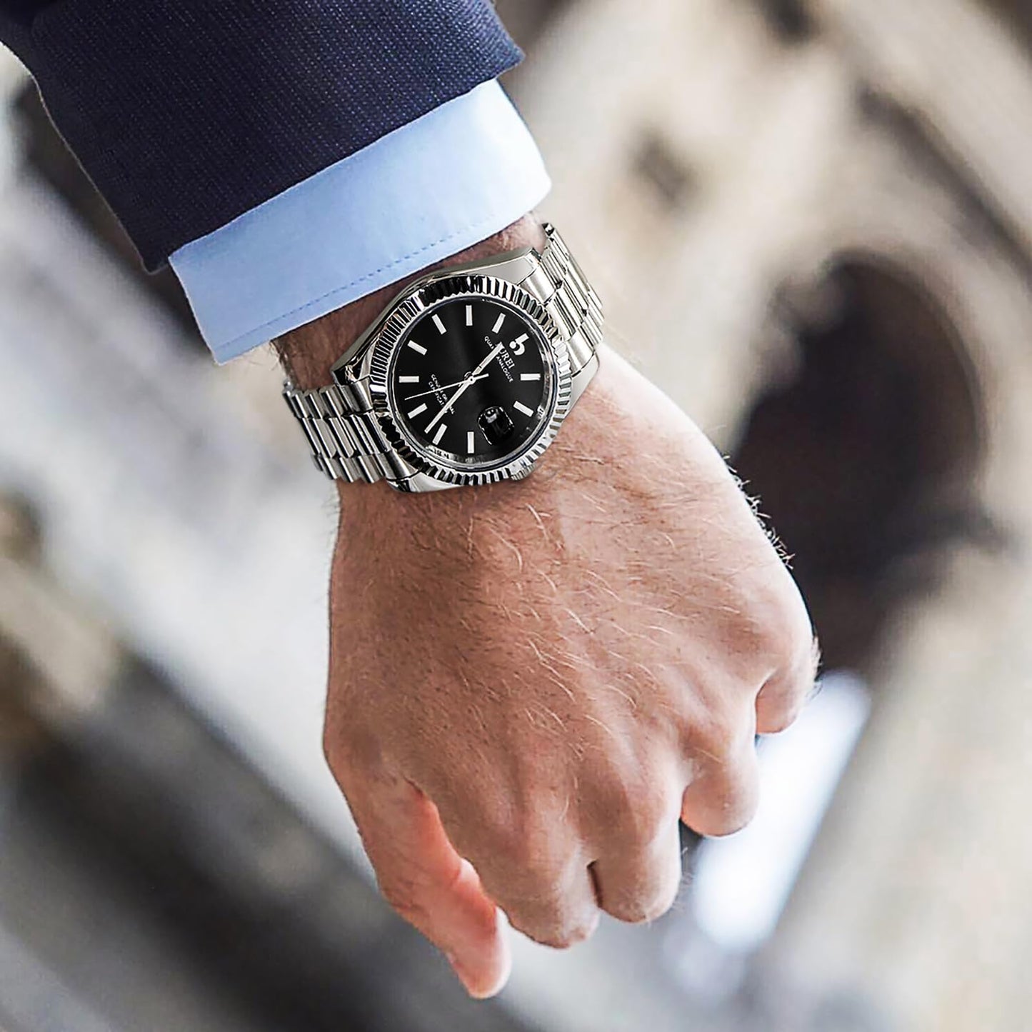 BUREI Herren Uhren Quarz Armbanduhr Datumsanzeige Saphirglas Objektiv mit Zwei Tönen Edelstahlband