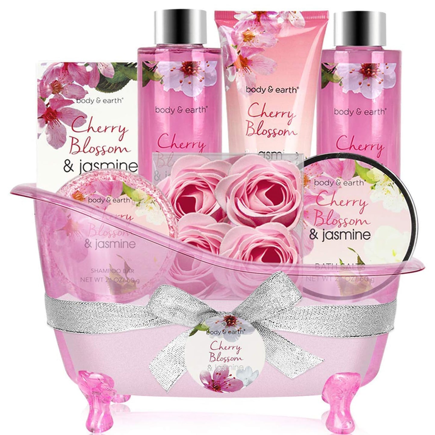 Body &amp; Earth 8-teiliges Spa-Geschenkset für Frauen, Duftrichtung Kirschblüte und Jasmin, Schaumbad, Duschgel, Badesalz, Körperlotion 