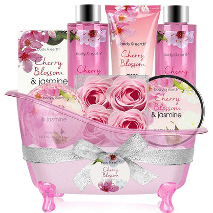 Body &amp; Earth 8-teiliges Spa-Geschenkset für Frauen, Duftrichtung Kirschblüte und Jasmin, Schaumbad, Duschgel, Badesalz, Körperlotion 