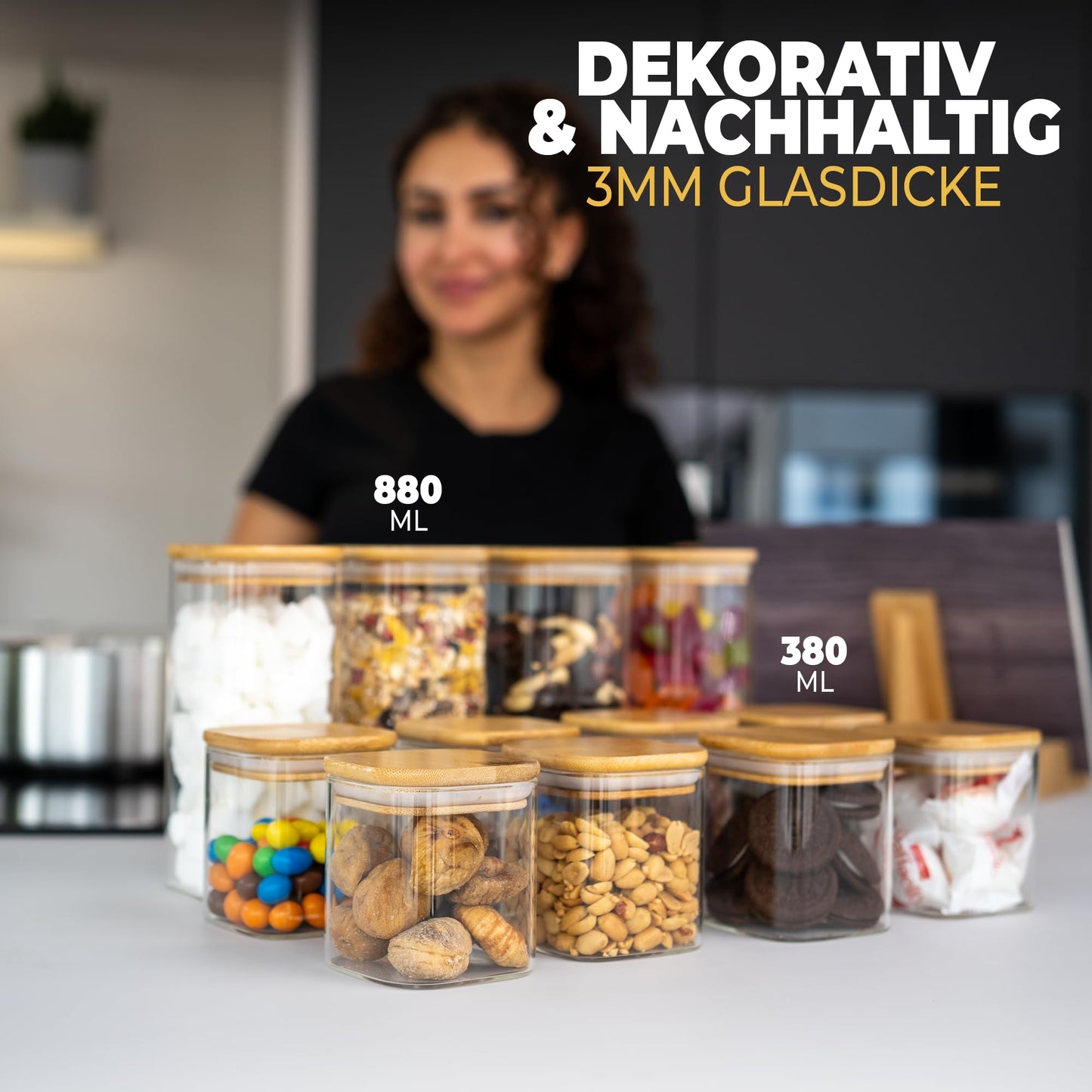 Aufbewahrungsbox Küche für alle Lebensmittel, Küchen Organizer, Vorratsgläser mit Deckel, Eckig - 12er Set, Erhöhte Glasstärke 