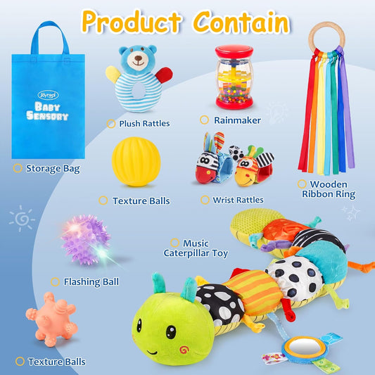Babyspielzeug, Spielzeugset für 0-6 Monate, 10-teiliges Set für sensorische Spielzeuge für Neugeborene, musikalisches Baby-Raupenspielzeug 