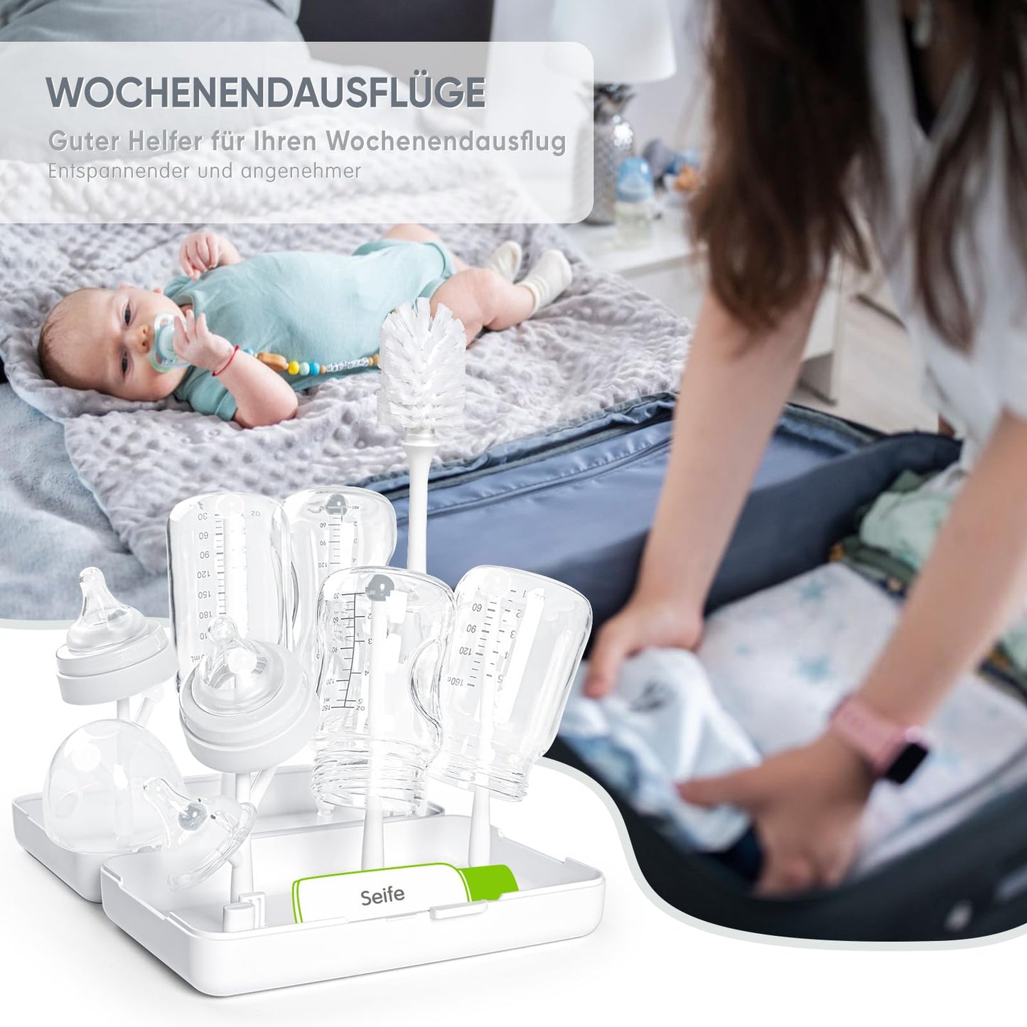 Trockenständer Babyflaschen, Abtropfgestell für Babyflaschen, Flaschen, grauSaudern 