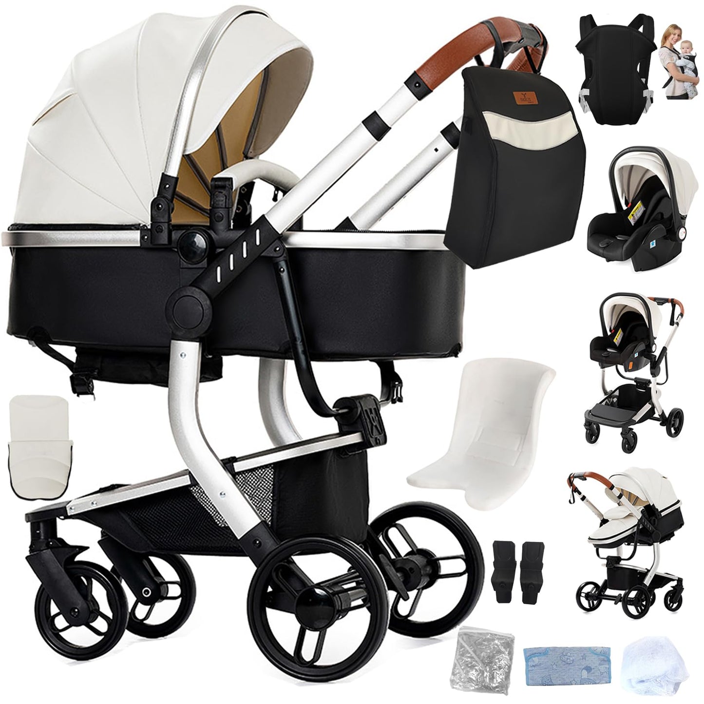 Reenborn 3-in-1 Kinderwagen, Buggy mit zwei umkehrbaren Schiebemodi, Kinderwagen mit Gestell aus Aluminiumlegierung, Babywagen, 3-in-1 Komplettset mit Ein-Klick-Faltmechanismus 