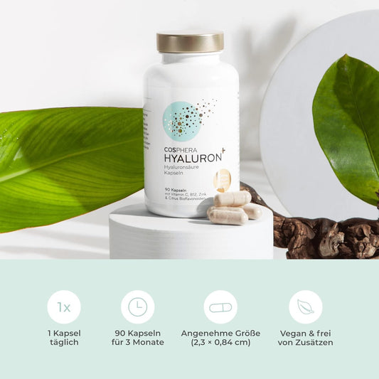 Hyaluronsäure Kapseln hochdosiert mit 500 mg pro Kapsel - 90 vegane mit Zink als Beitrag zum Erhalt normaler Haut und Knochen. 