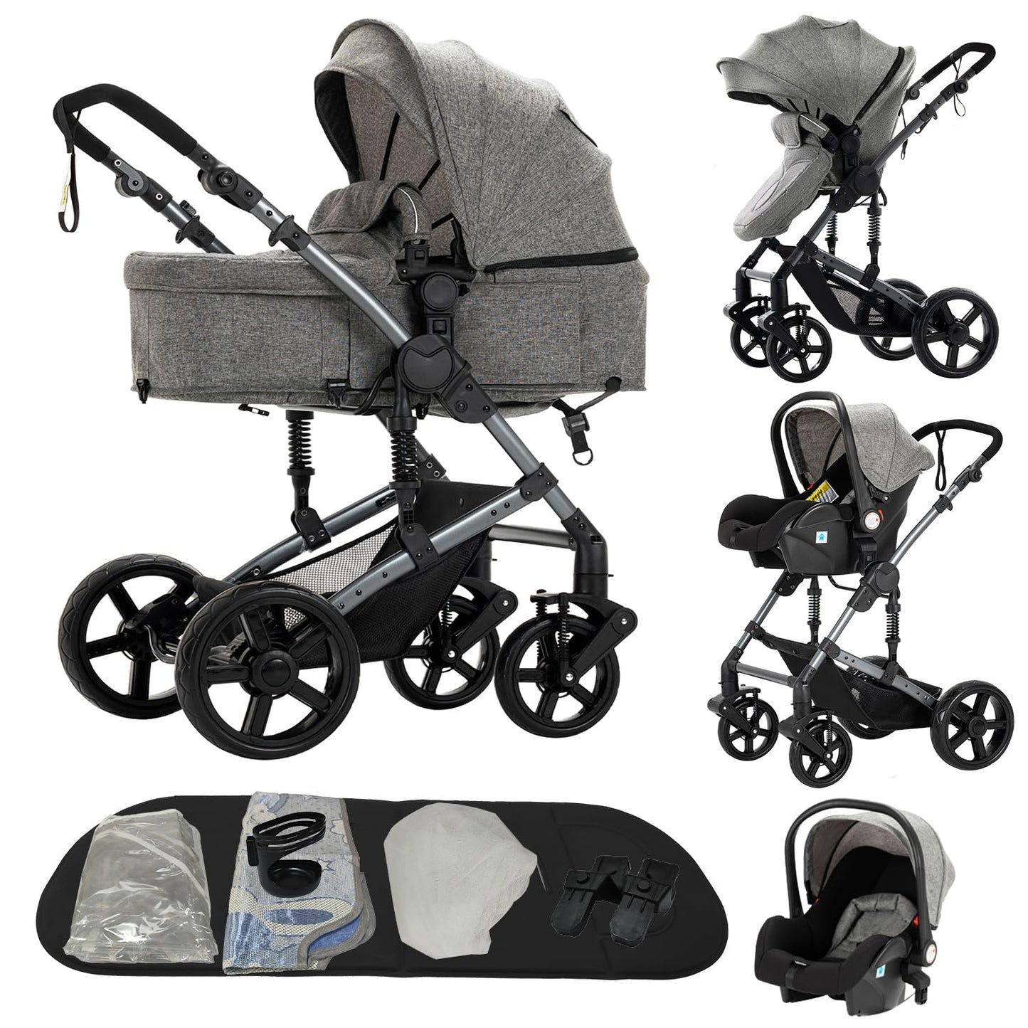 Reenborn 3-in-1 Kinderwagen, Buggy mit zwei umkehrbaren Schiebemodi, Kinderwagen mit Gestell aus Aluminiumlegierung, Babywagen, 3-in-1 Komplettset mit Ein-Klick-Faltmechanismus 