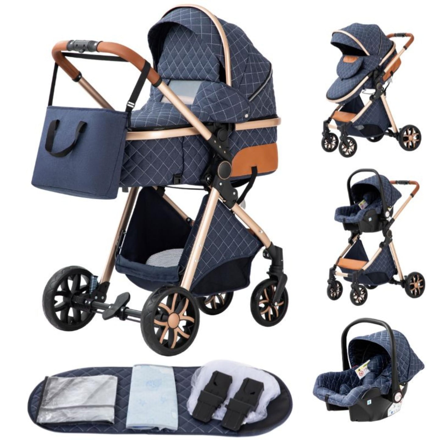 YAZOCO kinderwagen 3 in 1 Buggy Babybett Komplett Set Einem Klick Zusammenklappbarer Kinderwagen, KombiKinderwagen Aluminiumrahmen für Neugeborene 