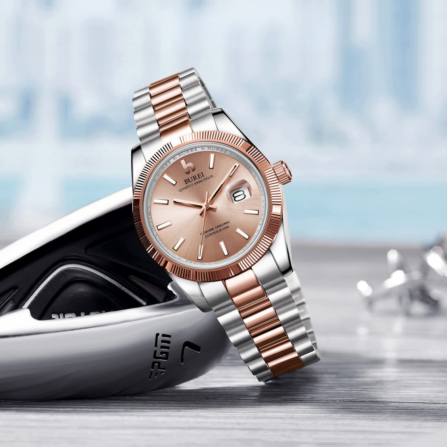 BUREI Herren Uhren Quarz Armbanduhr Datumsanzeige Saphirglas Objektiv mit Zwei Tönen Edelstahlband