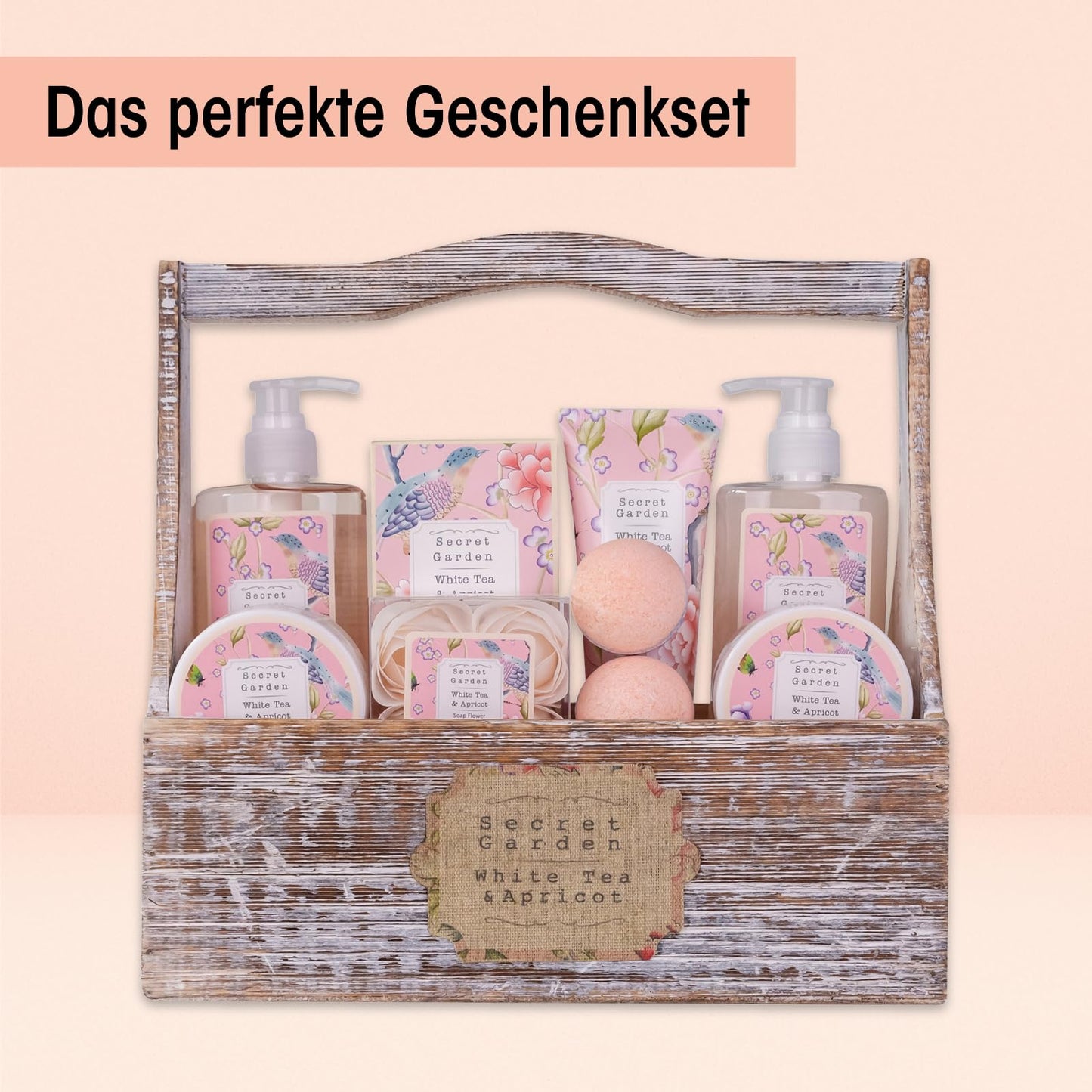 Accentra – Duschset Frauen Geschenkset im Holzkorb – 8-teiliges Pflegeset mit Duschgel, Bodylotion, Badezusätzen, Peeling &amp; Handcreme 