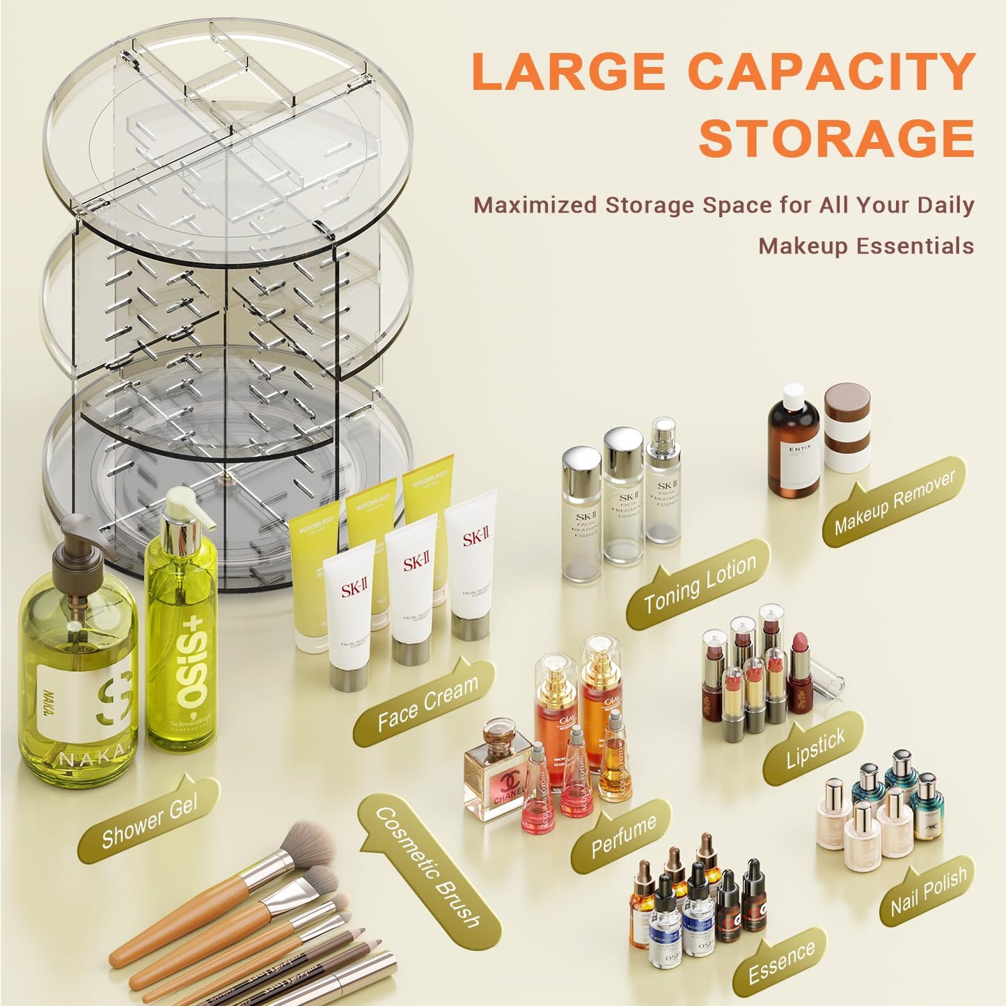 Auxmir Schminktisch Organizer mit 9 einstellbaren Stufen, Make Up Organizer 360° Drehbar, Extra Größer Kosmetik Hautpflege Organisieren 