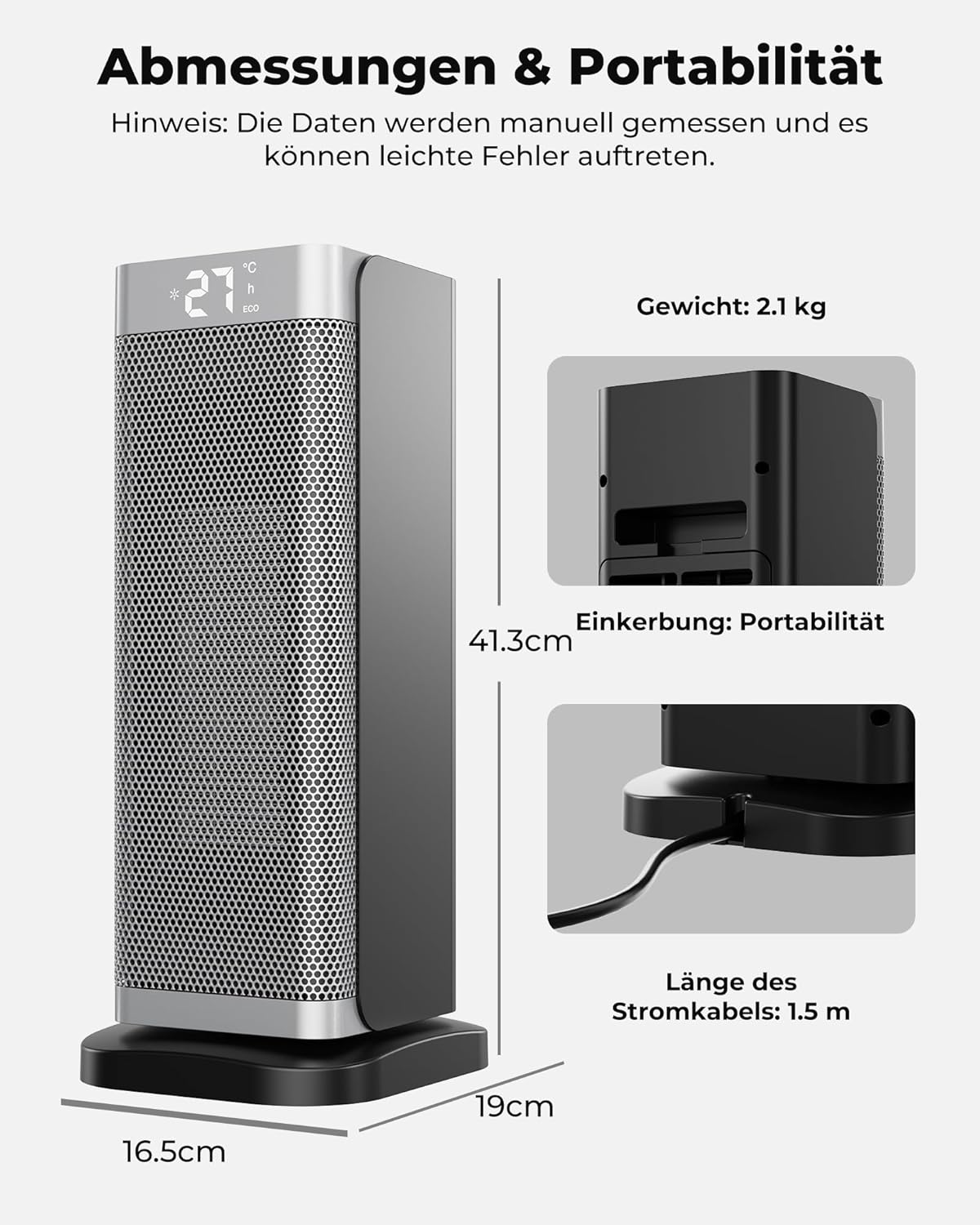 Heizung mit ECO Modus - Keramik Heizlüfter mit Fernbedienung und 3 Modi 