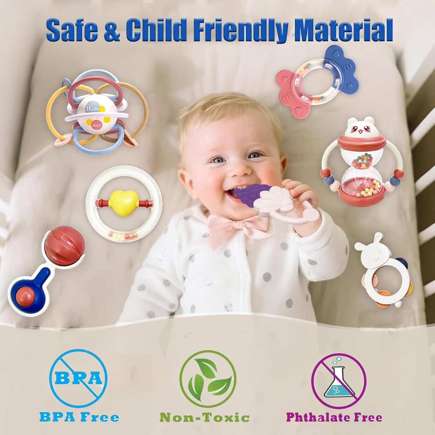 Gdbykds Montessori Baby-Rassel-Beißring-Set, 13-teilig 