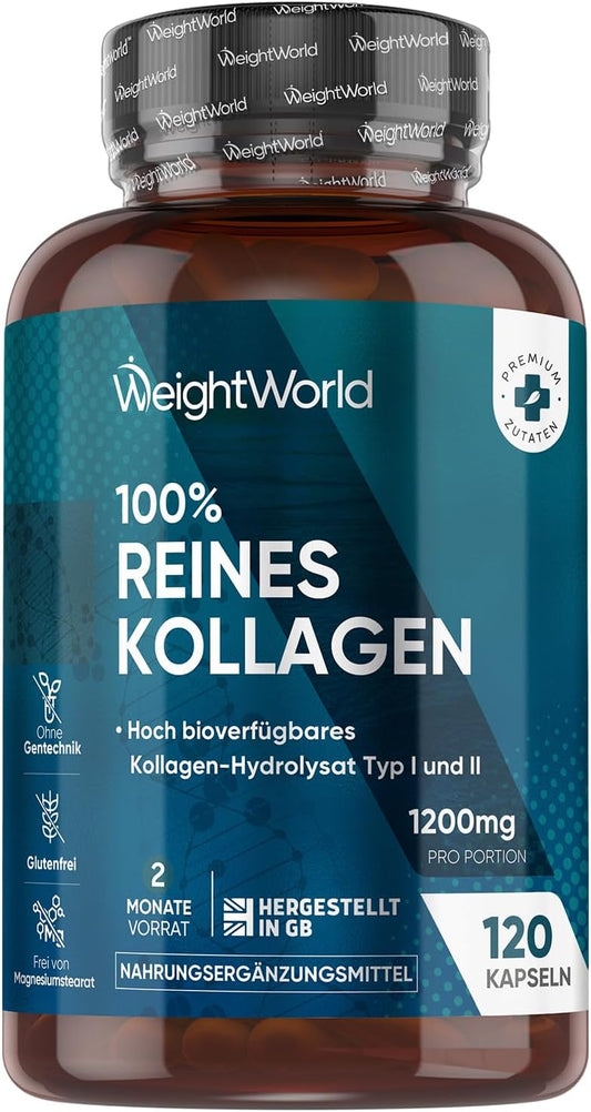Weightworld Naticol Kollagenkapseln, 1170 mg, reines Meereskollagen, 120 Kapseln, Hydrolysat, laborgeprüft in Deutschland, mit reinem Kollagenproteinpulver 