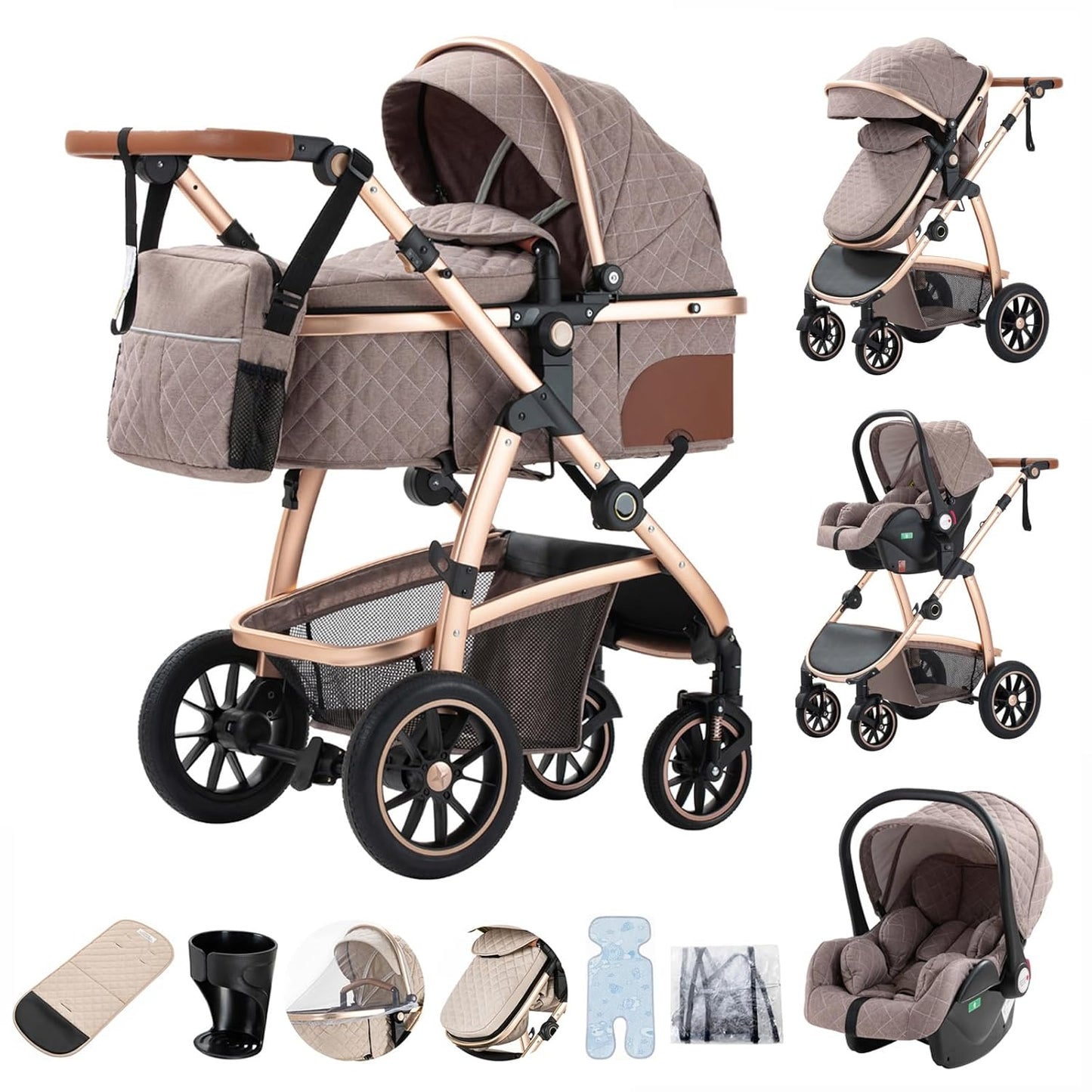 3-in-1 Kinderwagen-Set mit Sitz und faltbarem Babybett, verstellbare Liegeposition, bis 15 kg, 0-3 Jahre 
