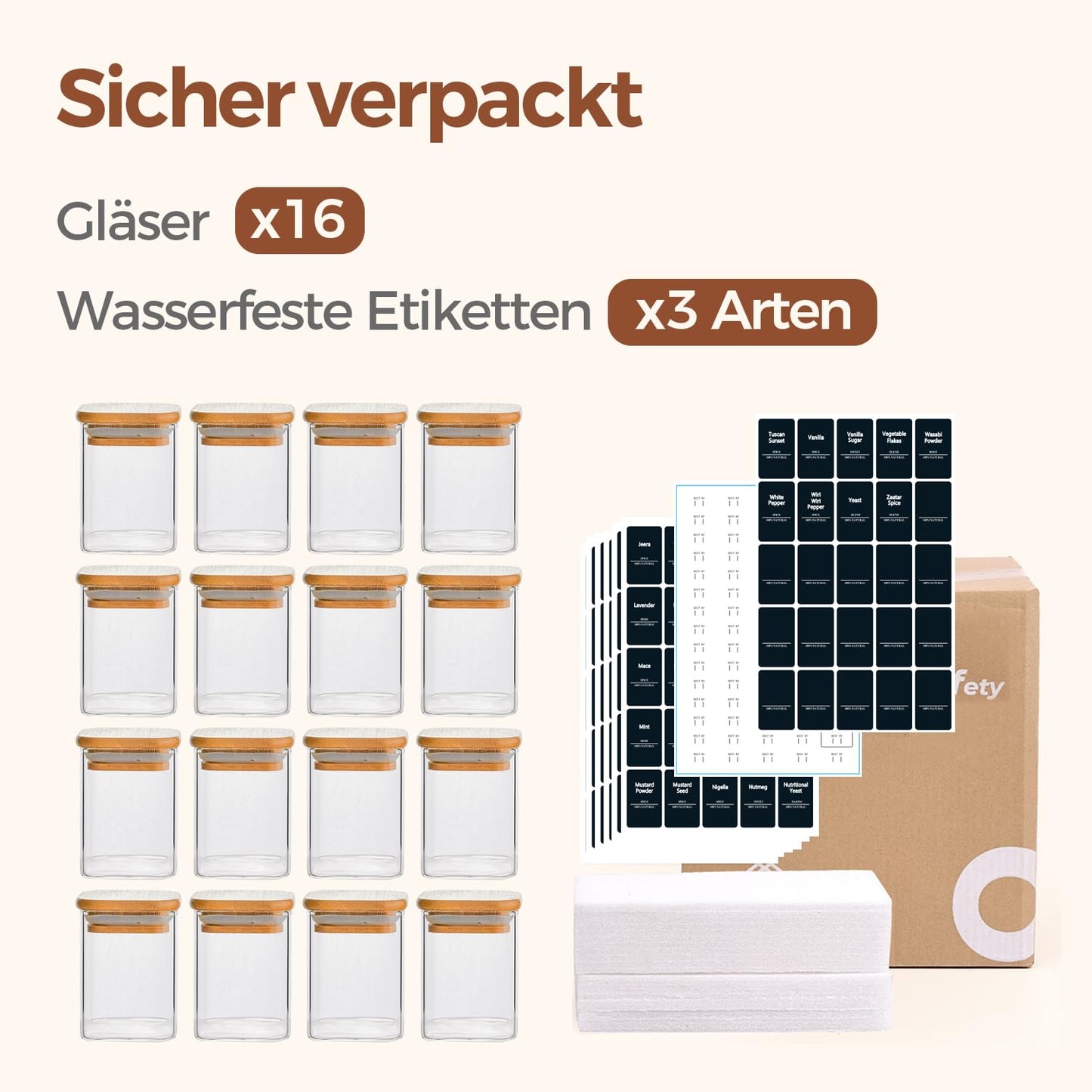 ComSaf Pot a Epices mit Etiketten, Pot Epices Verre Carrés mit Couvercle en Bois 