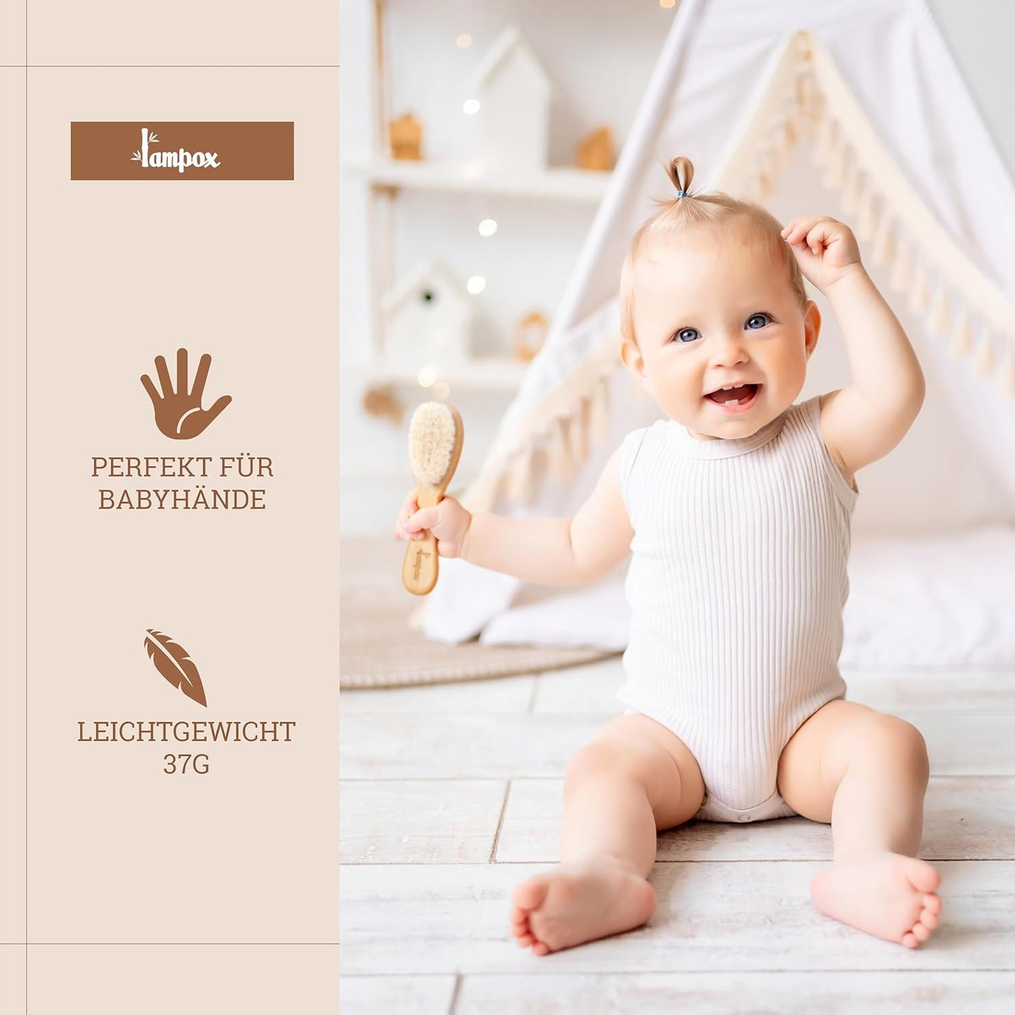 lampox - Baby Hair Brush Extra Soft, Baby First Equipment Newborn with Soft Goat Hair, Milk Scab, Baby Hair Brush, Grooming Kit, Gift, Scalp Care, Toddlers, Baby Accessories