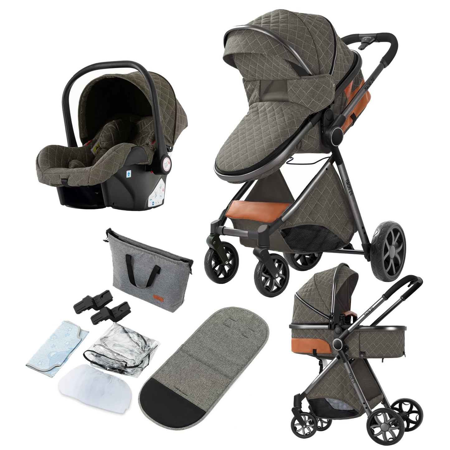 Reenborn 3-in-1 Kinderwagen, Buggy mit zwei umkehrbaren Schiebemodi, Kinderwagen mit Gestell aus Aluminiumlegierung, Babywagen, 3-in-1 Komplettset mit Ein-Klick-Faltmechanismus 
