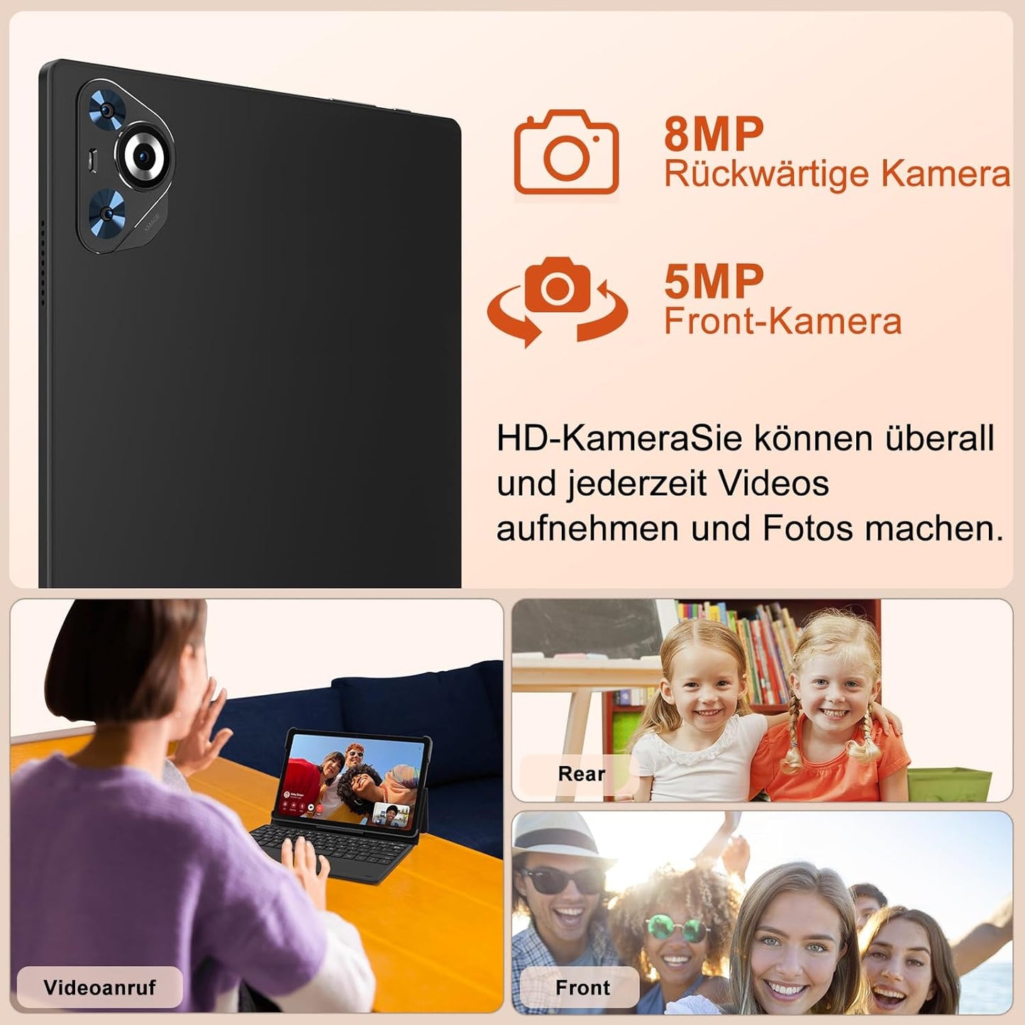 Tablet 10 Zoll Android 14, 22GB RAM 128GB ROM/TF 1TB, Octa-Core Prozessor, 8000mAh, BT5.0, 8MP+5MP, Dual WLAN, Face ID, Widevine L1, Augenschutz, Tablet mit Tastatur &amp; Maus Metallkörper-Schwarz 