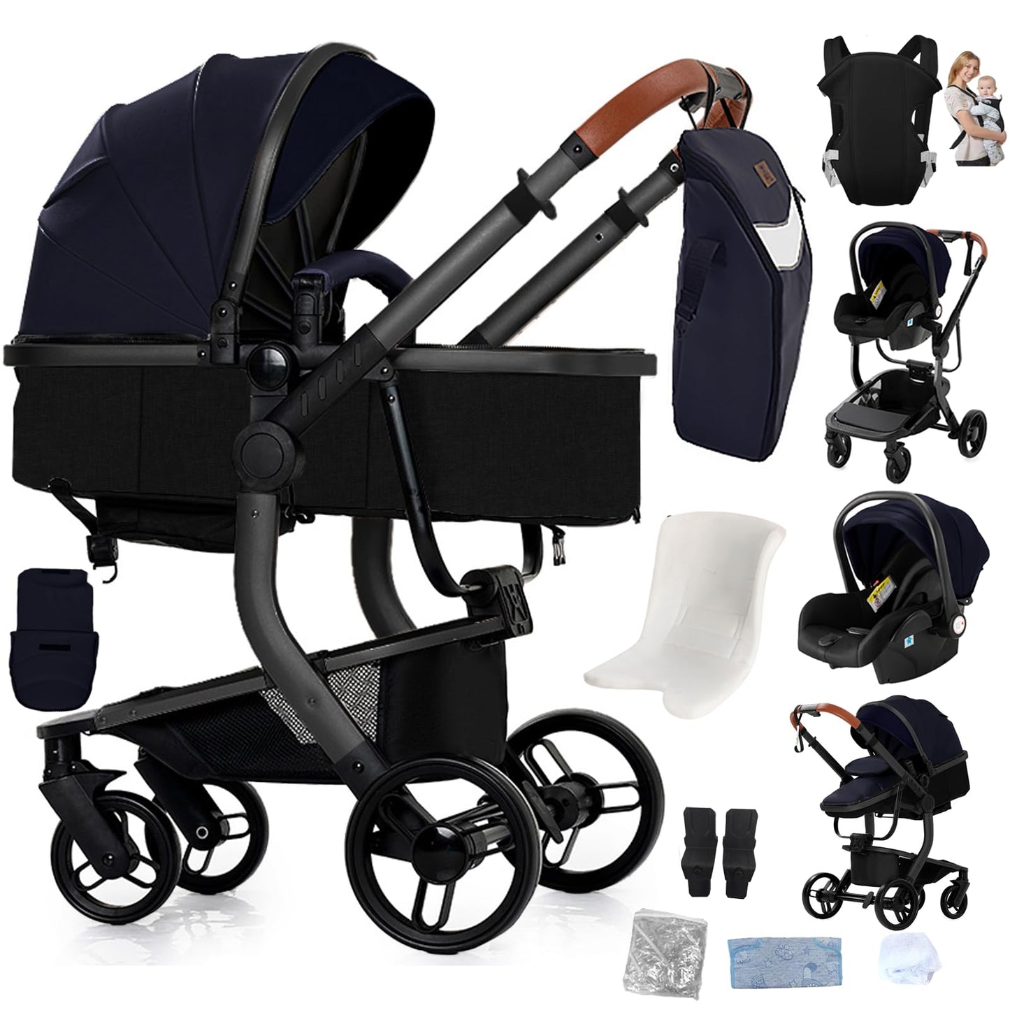 Reenborn 3-in-1 Kinderwagen, Buggy mit zwei umkehrbaren Schiebemodi, Kinderwagen mit Gestell aus Aluminiumlegierung, Babywagen, 3-in-1 Komplettset mit Ein-Klick-Faltmechanismus 