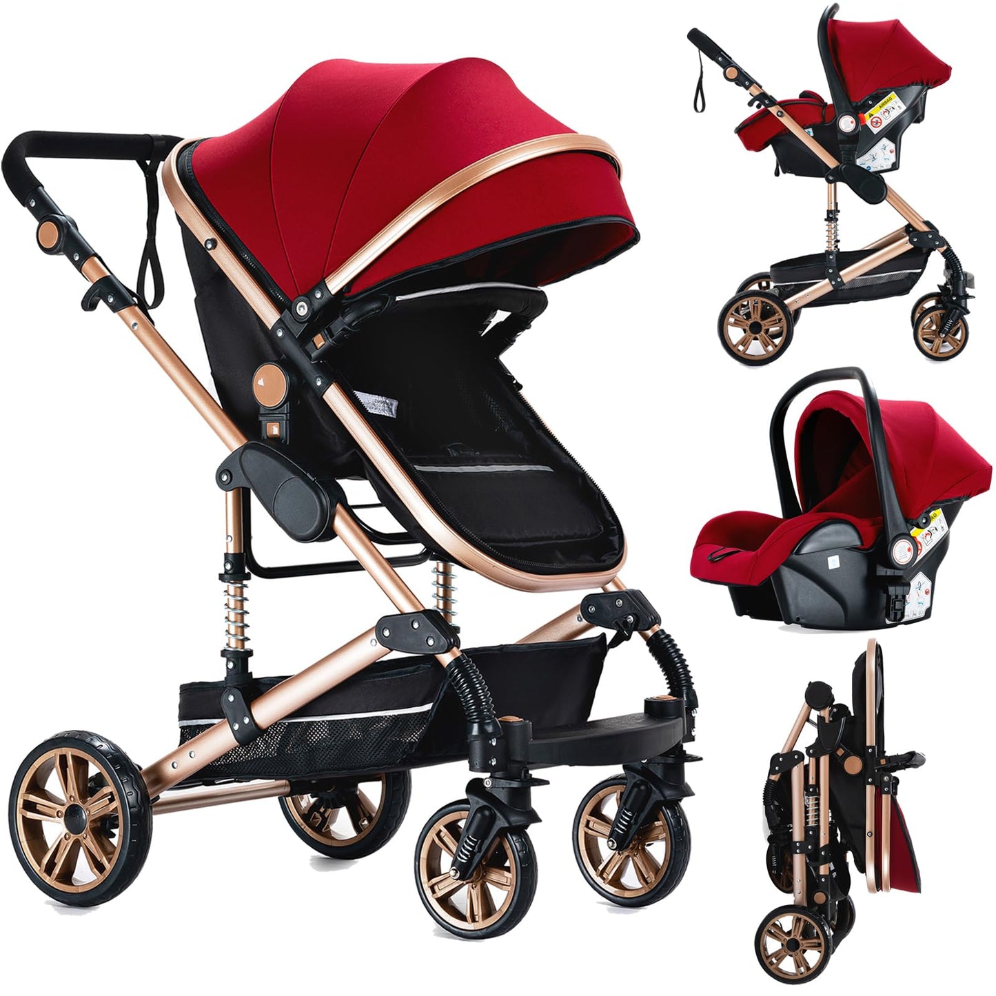 Reenborn 3-in-1 Kinderwagen, Buggy mit zwei umkehrbaren Schiebemodi, Kinderwagen mit Gestell aus Aluminiumlegierung, Babywagen, 3-in-1 Komplettset mit Ein-Klick-Faltmechanismus 