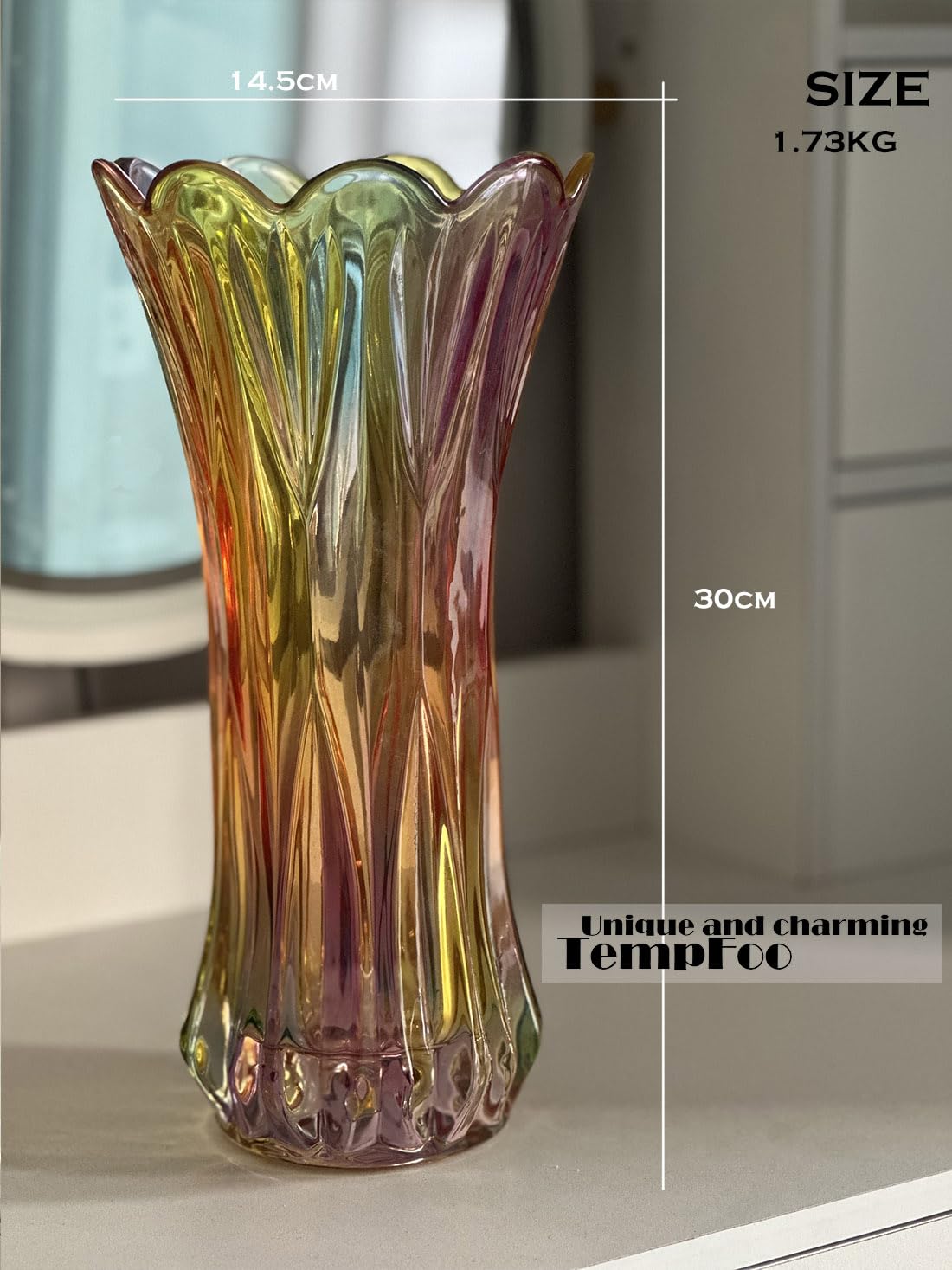 Blumenvase, große hohe Glasvase zur Dekoration, ästhetisch, große Glasvase mit gerippter Textur, modernes Wohnzimmer 