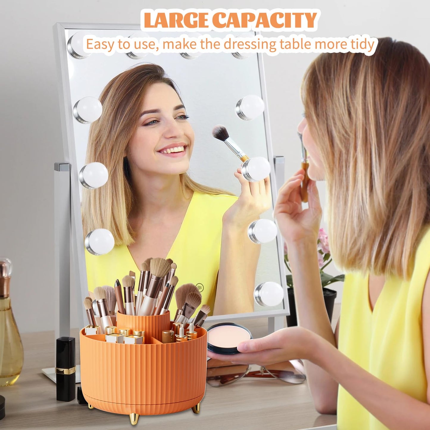 Make up Organizer 360° Drehbar, Pinselhalter Kosmetik Aufbewahrung mit 5 Fächern, Aesthetic Schminktisch Organizers für Zimmer Decor Frisiertisch 