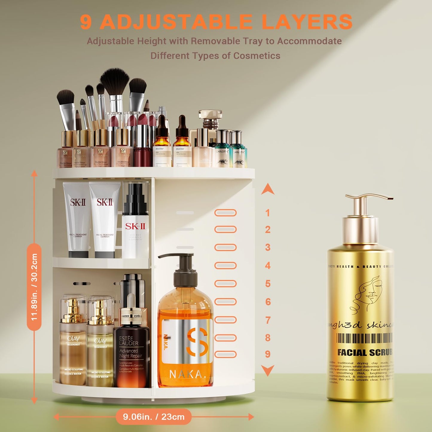 Auxmir Schminktisch Organizer mit 9 einstellbaren Stufen, Make Up Organizer 360° Drehbar, Extra Größer Kosmetik Hautpflege Organisieren 