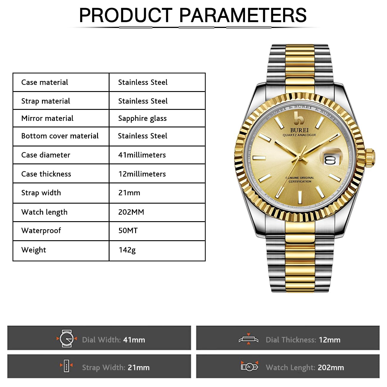 BUREI Herren Uhren Quarz Armbanduhr Datumsanzeige Saphirglas Objektiv mit Zwei Tönen Edelstahlband