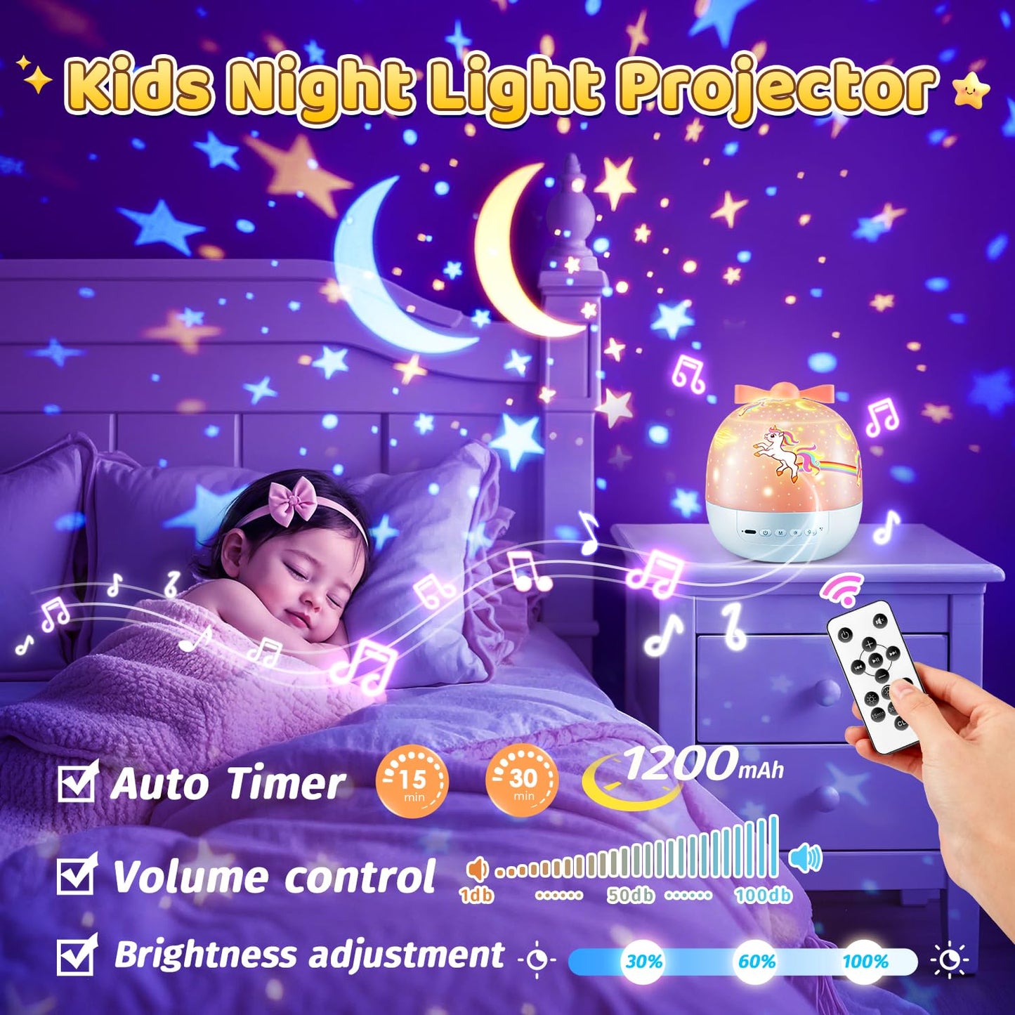 Sternenhimmel Projektor Kinder mit 15 Film, Nachtlicht Baby,Bluetooth,LED Projektor 