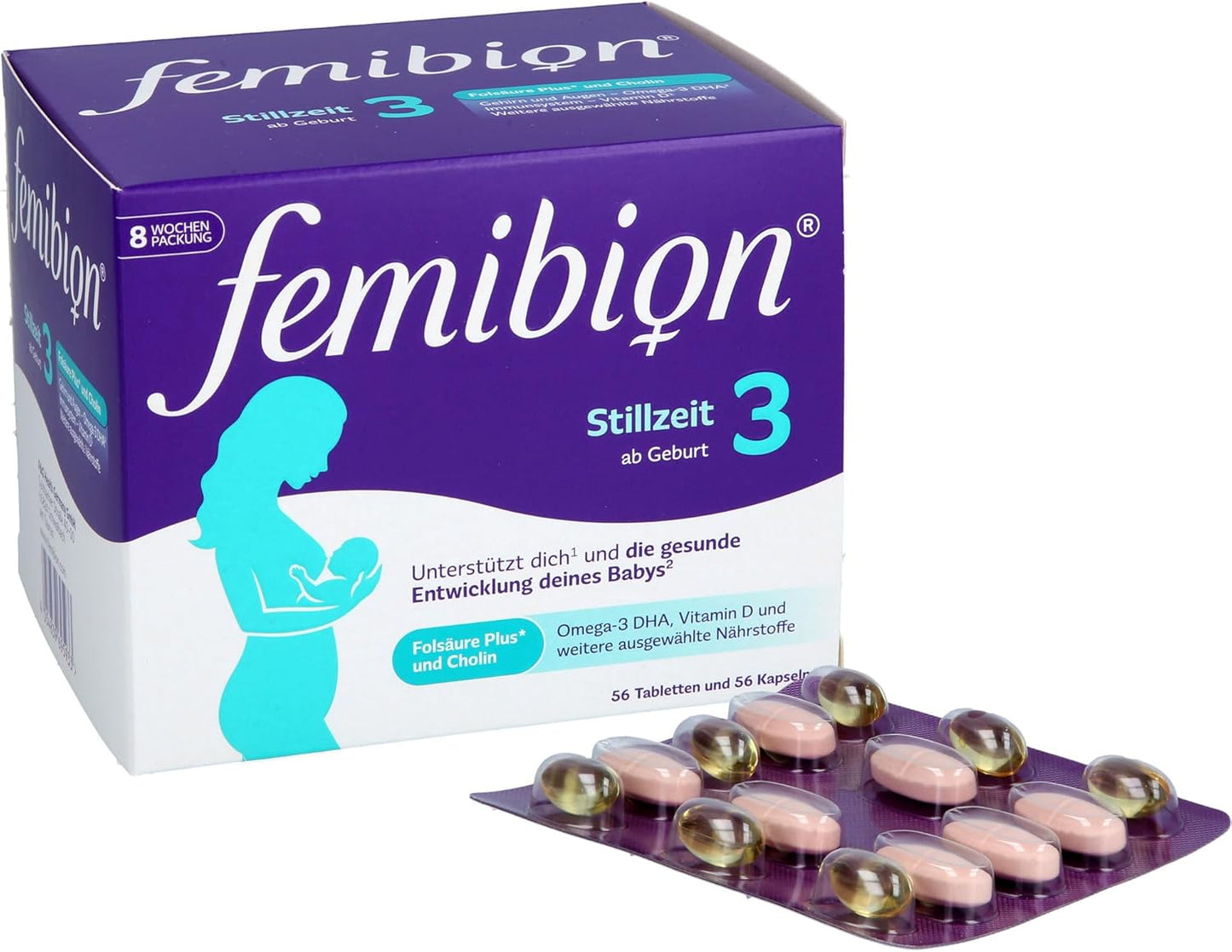 Femibion ​​3 Stillzeit, Tägliches Nahrungsergänzung für die Laktation, Mit Cholin, DHA, Folsäure, Metafolin, 8-Wochen-Pack, 2 x 56 Stück 