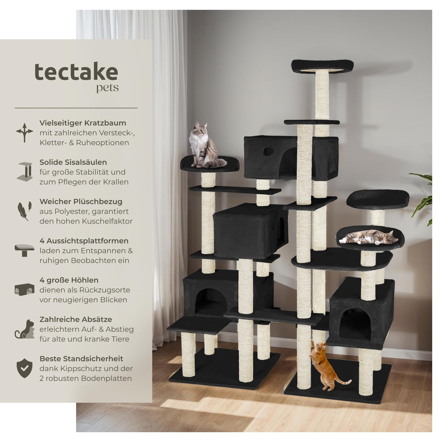 tectake® Katzen Kratzbaum mit Zubehör für Katze groß XXL, Spielturm mit Kratzsäule 
