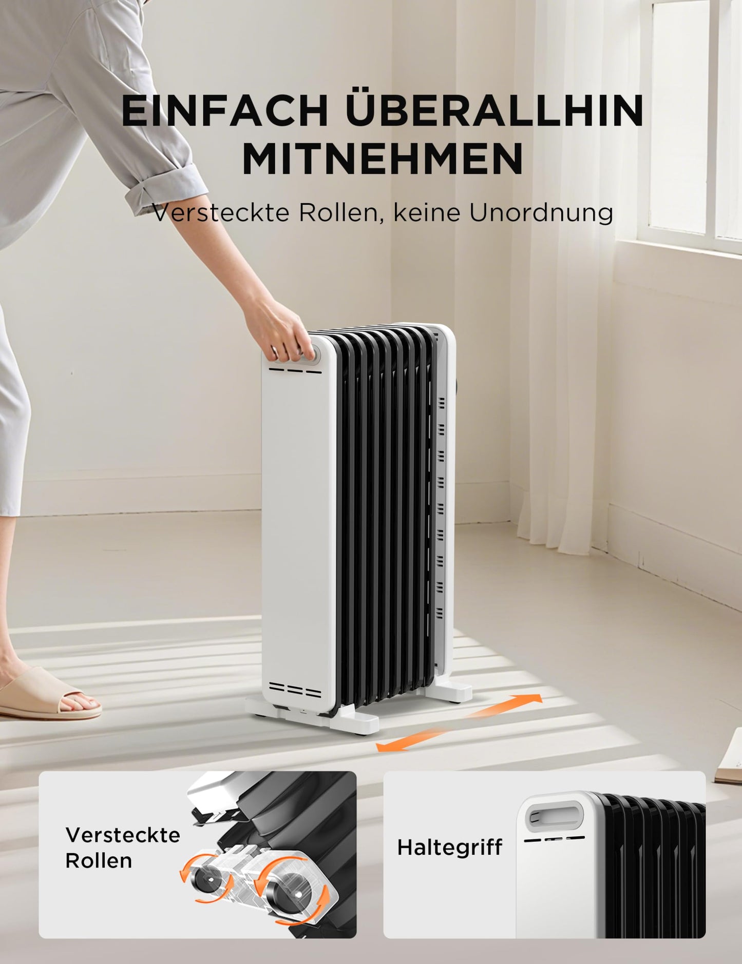 2300W 11 Rippen tragbarer Elektroheizer mit Drehknopfregelung und einstellbarem Thermostat, 3 Heizstufen, Kipp- und Überhitzungsschutz, ultraleicht im Büro &amp; Zuhause