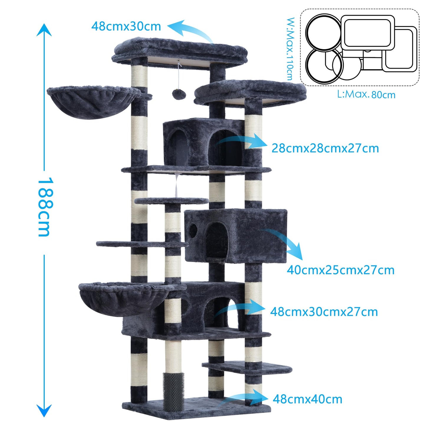 XXL Kratzbaum mit 2 großen Plattformen, 3 Höhlen, 2 Körben, Plüschbälle und Sisal-Kratzbäumen 