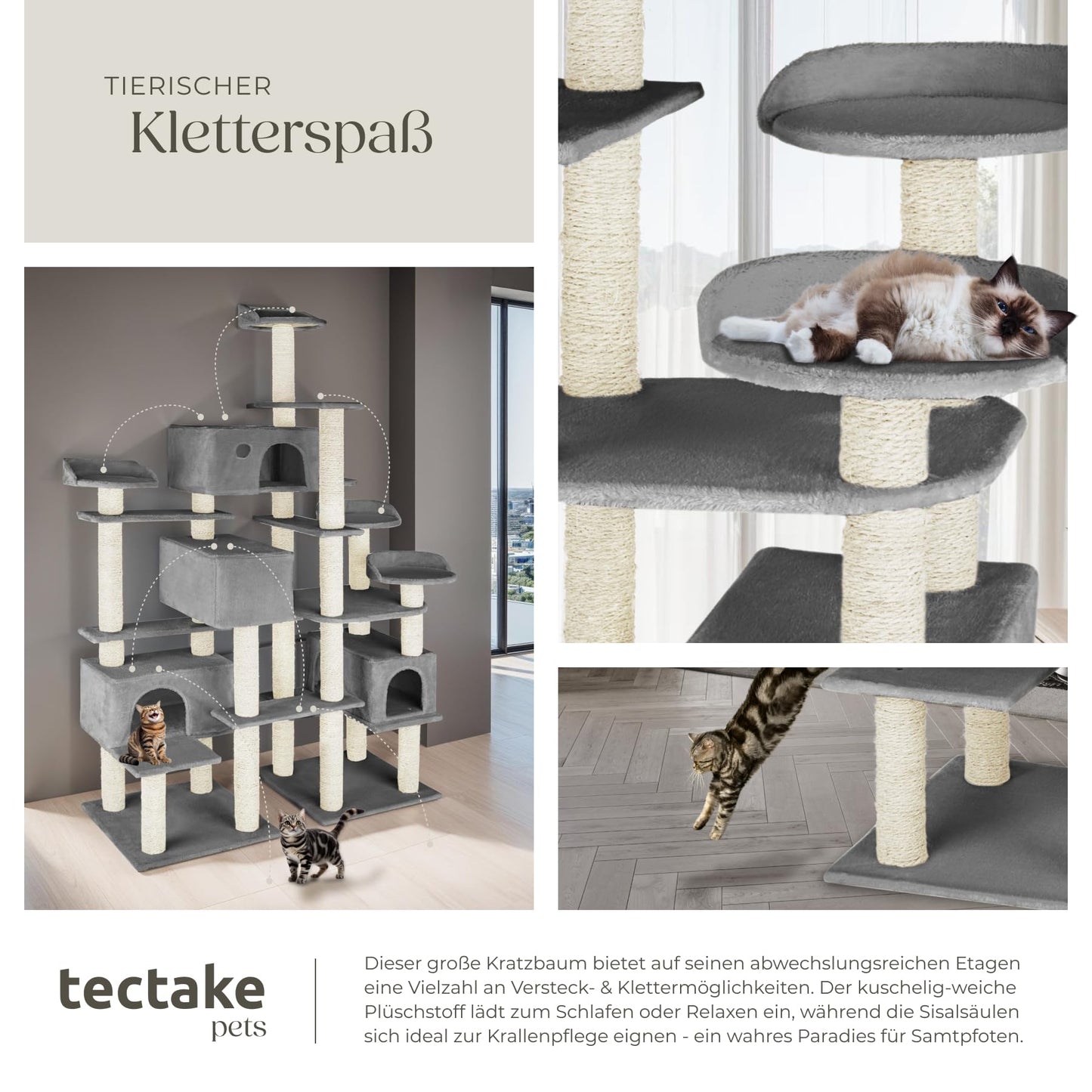 tectake® Katzen Kratzbaum mit Zubehör für Katze groß XXL, Spielturm mit Kratzsäule 