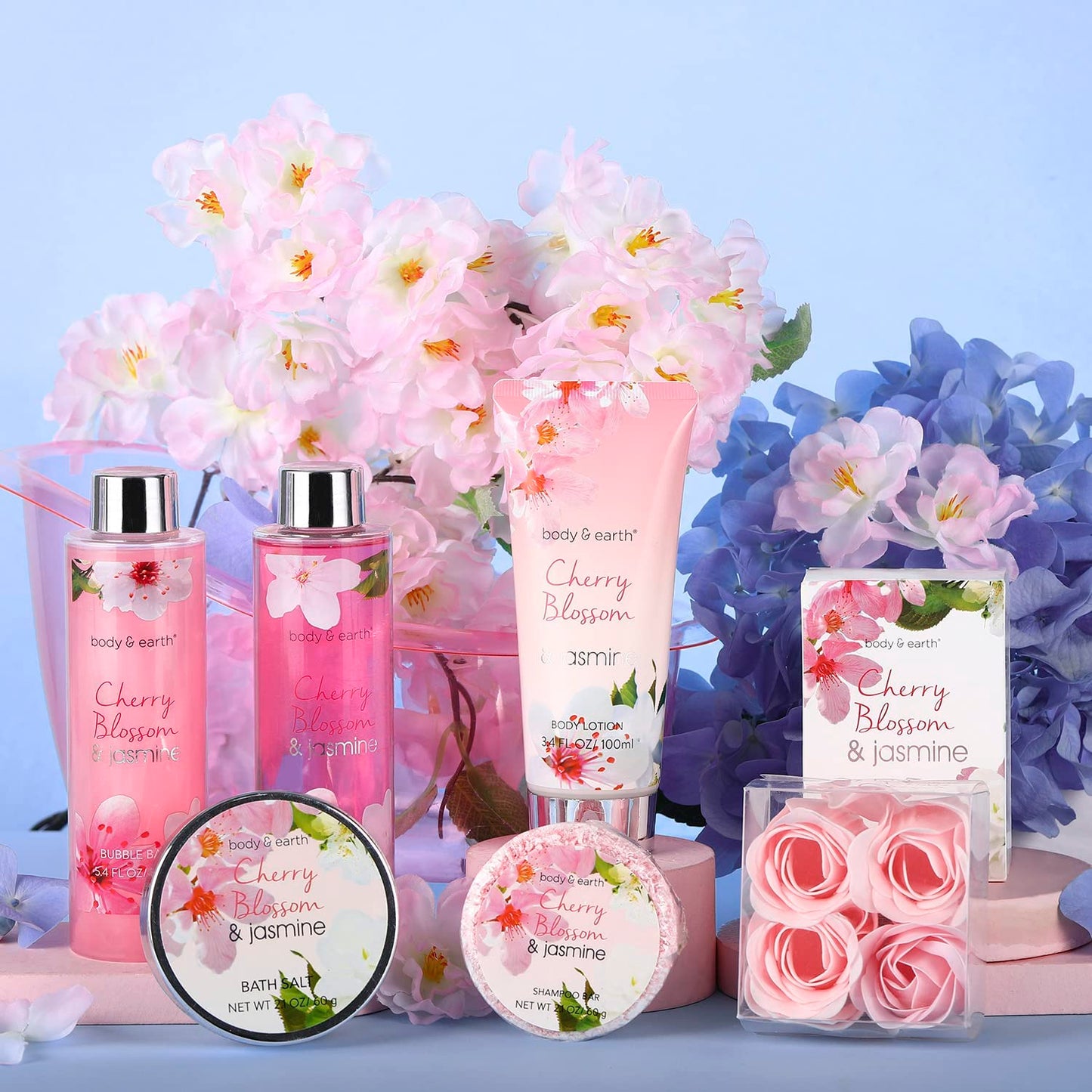 Body &amp; Earth 8-teiliges Spa-Geschenkset für Frauen, Duftrichtung Kirschblüte und Jasmin, Schaumbad, Duschgel, Badesalz, Körperlotion 