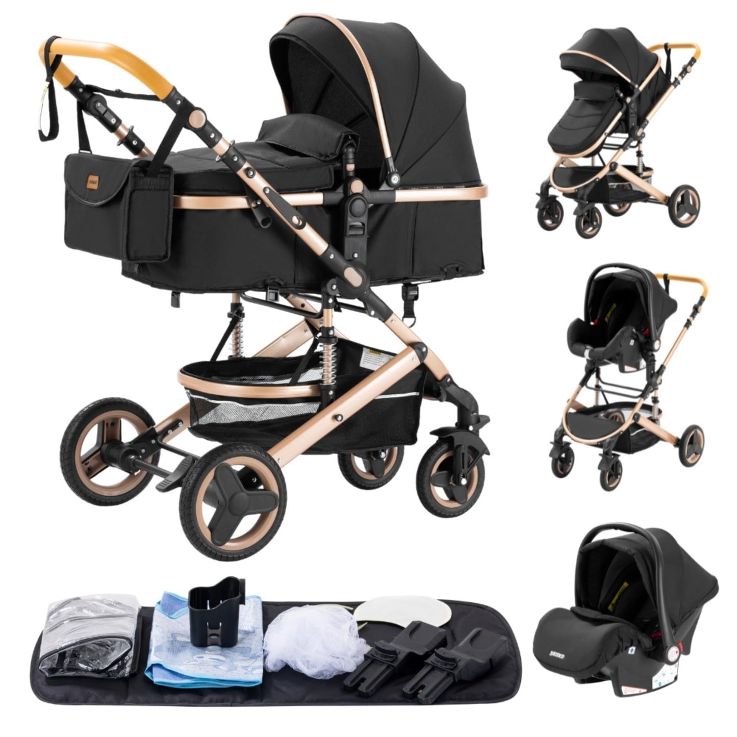 YAZOCO kinderwagen 3 in 1 Buggy Babybett Komplett Set Einem Klick Zusammenklappbarer Kinderwagen, KombiKinderwagen Aluminiumrahmen für Neugeborene 