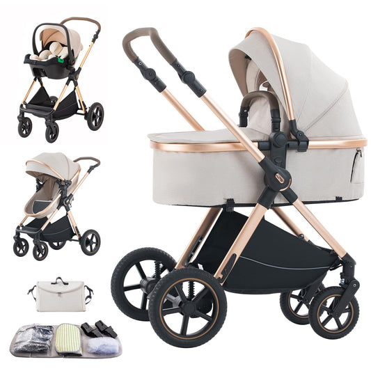 Shineey 3-in-1 Kinderwagen, Buggy, faltbarer Kinderwagen-Satz, Kombi-Kinderwagen 3-in-1 mit großer, komfortabler Babywanne, Gestell aus Aluminiumlegierung 