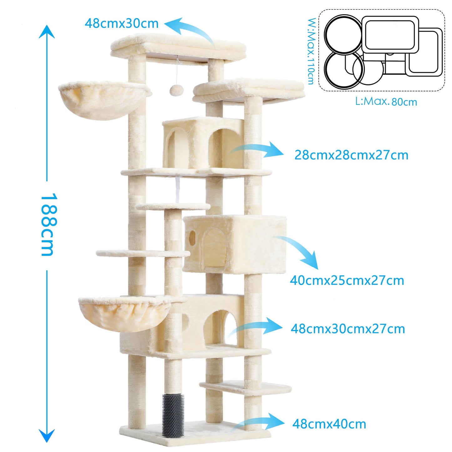 XXL Kratzbaum mit 2 großen Plattformen, 3 Höhlen, 2 Körben, Plüschbälle und Sisal-Kratzbäumen 