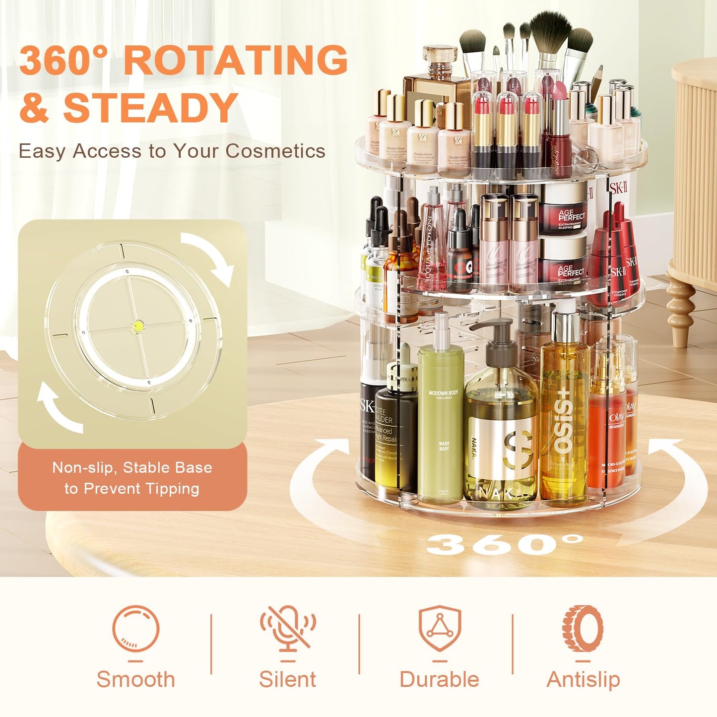 Auxmir Schminktisch Organizer mit 9 einstellbaren Stufen, Make Up Organizer 360° Drehbar, Extra Größer Kosmetik Hautpflege Organisieren 