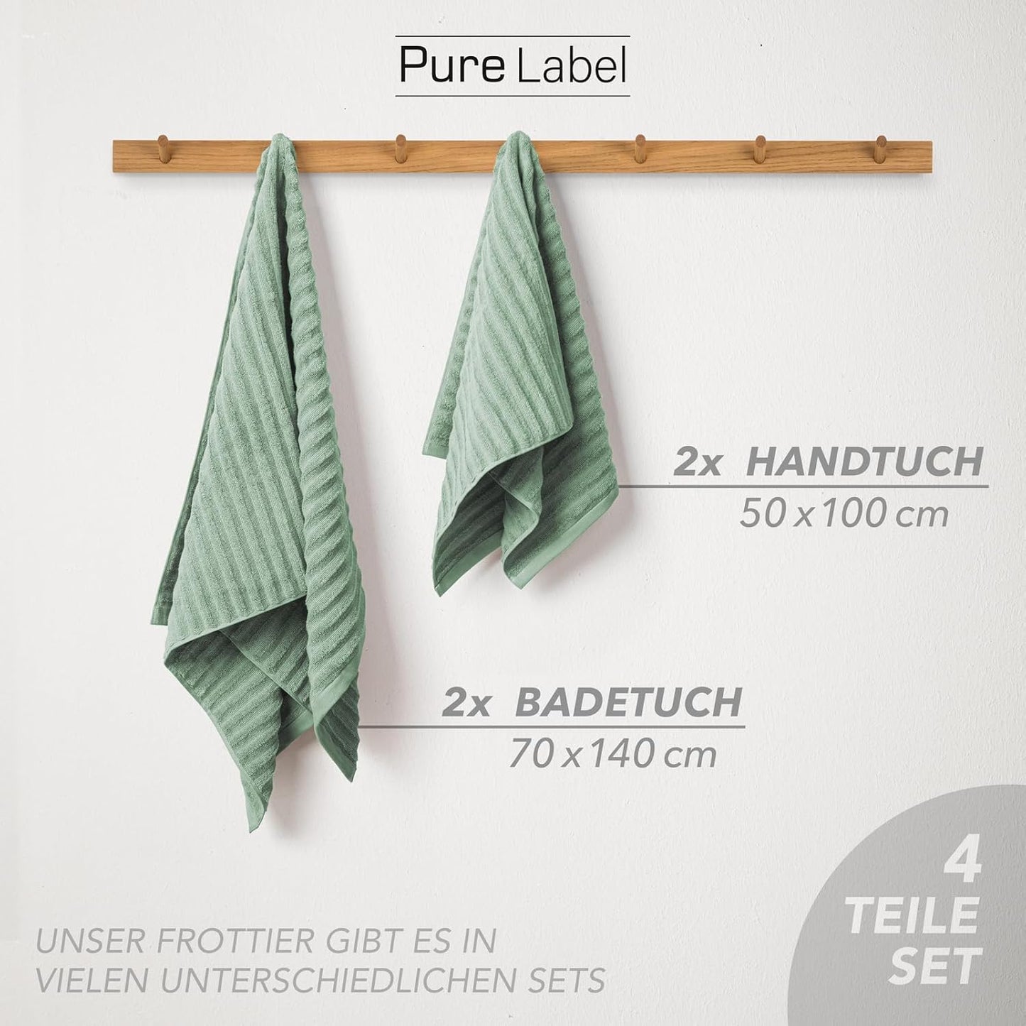 Pure Label 6-teiliges Handtuchset mit Aufhängeschlaufen aus 100 % Baumwolle, saugfähig und weich, 2 x Badetücher (70 x 140 cm), 2 x Handtücher (50 x 100 cm), 2 x Gästetücher (30 x 50 cm), 