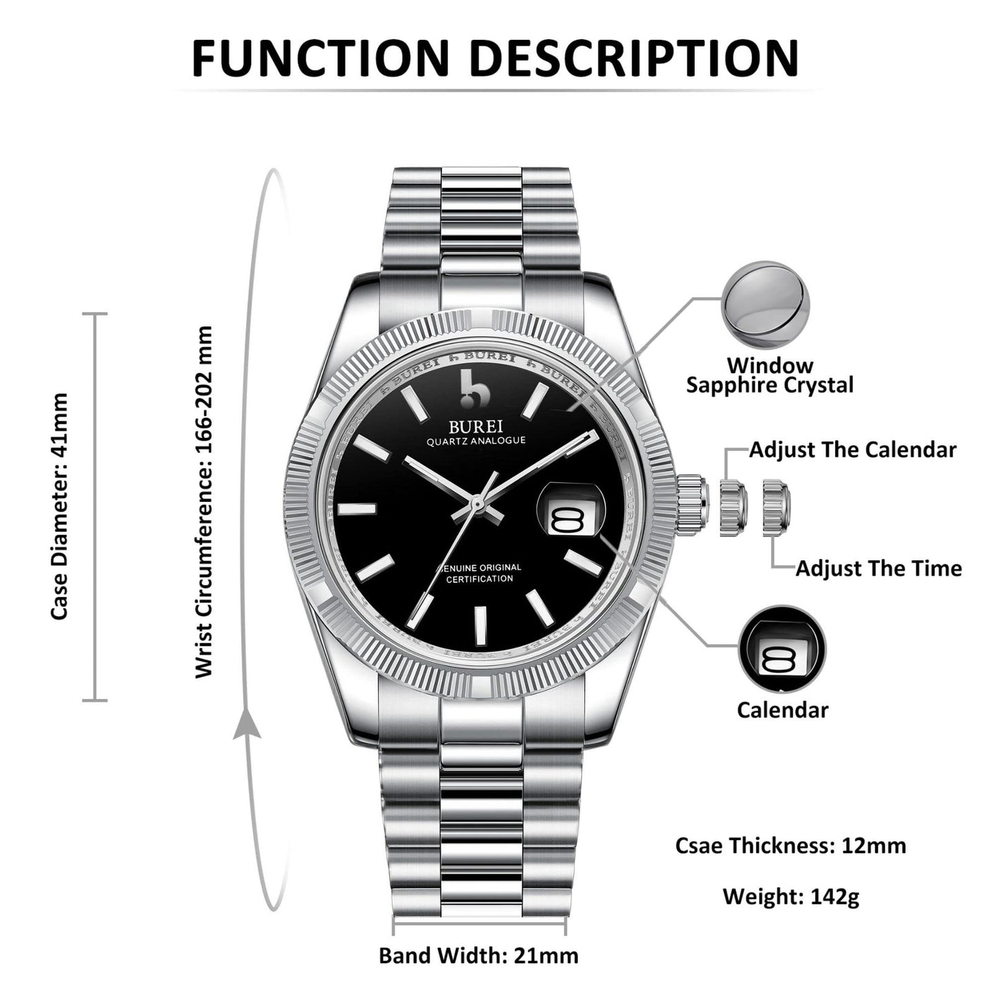 BUREI Herren Uhren Quarz Armbanduhr Datumsanzeige Saphirglas Objektiv mit Zwei Tönen Edelstahlband