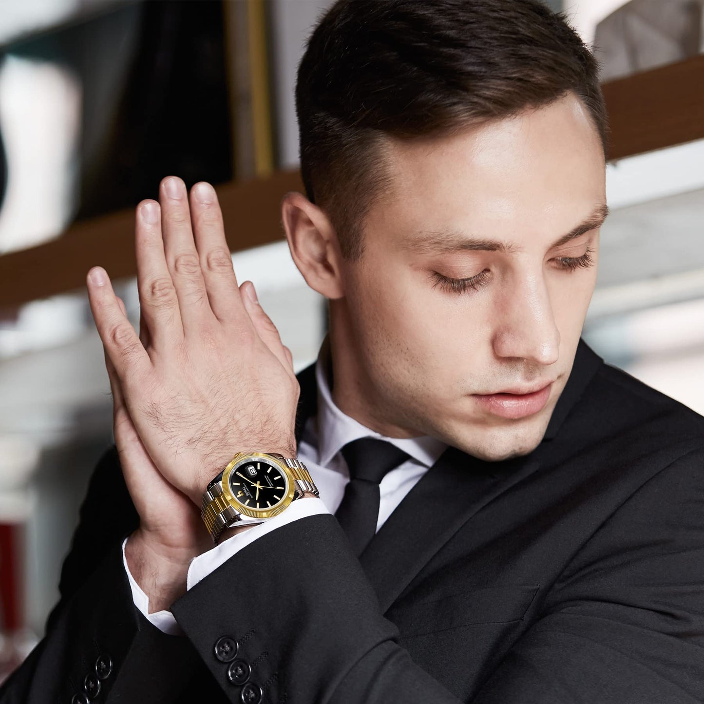 BUREI Herren Uhren Quarz Armbanduhr Datumsanzeige Saphirglas Objektiv mit Zwei Tönen Edelstahlband